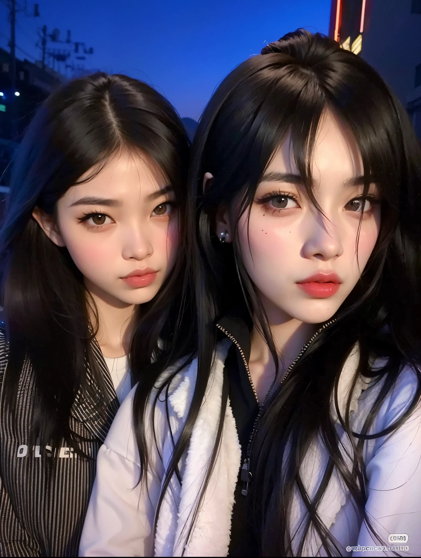 Two Asian women with long black hair posing for a photo, Ulzzang, nixeu e sakimichan, com preto, cruel korean goth girl, maquiagem sul-coreana popular, goth girl aesthetic, they are pixivs and junji, pupilas cortadas, beautiful Gemini twins, both have red lips, gothic aesthetic, com o mesmo penteado, cute sci-fi twins