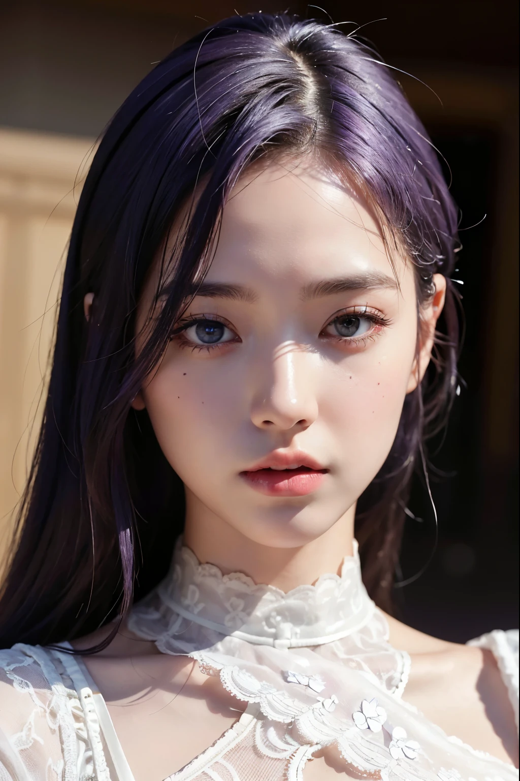 highest quality,masterpiece,very detailed,High resolution,4K,ultra High resolution,detailed shadow,ultra realistic,realistic,dramatic lighting,1 girl,alone,detailed face,realistic eyes,realistic skin,white dress,purple hair,dynamic pose, white lace dress