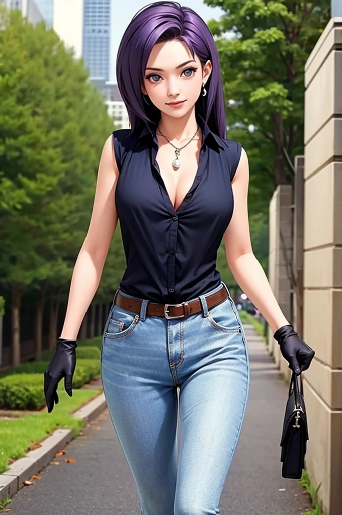 masterpiece, high quality, a sexy lady with purple hair and purple eyes standing on a road, 1girl, full body, gloves, black gloves, jewelry, outdoors, shirt, purple hair, purple eyes, pants, necklace, solo, belt, breasts, earrings, denim, looking at viewer, medium hair, white shirt, day, cleavage, pearl necklace, vest, wrist watch, damage jeans, building, short sleeves, high-waist pants, ,university girl, sexy lady, 