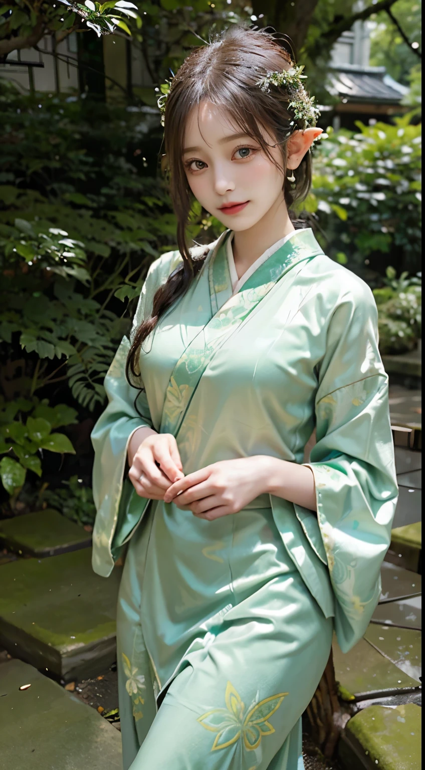 In a mystical setting, a woman radiates enchantment in the elven beauty of a green kimono. The verdant green fabric, adorned with ethereal patterns, gracefully envelops her figure, creating a harmonious blend of nature's hues. The obi ties elegantly around her waist, enhancing the allure of the traditional ensemble. In this fully-covered attire, she embodies an air of otherworldly grace, capturing the timeless beauty of an elf in a captivating green kimono amidst the magical surroundings.