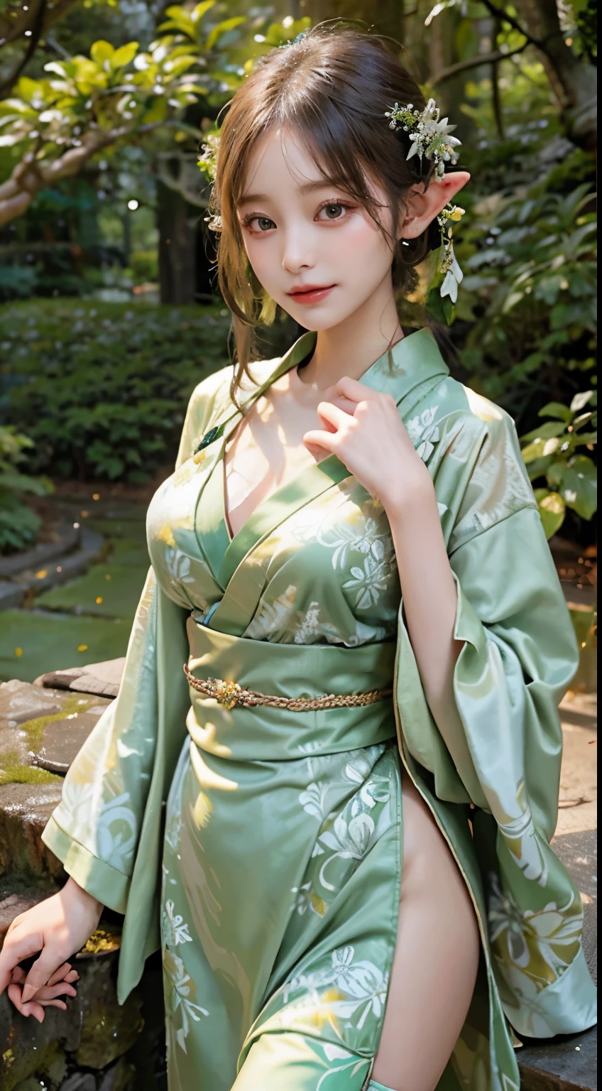 In a mystical setting, a woman radiates enchantment in the elven beauty of a green kimono. The verdant green fabric, adorned with ethereal patterns, gracefully envelops her figure, creating a harmonious blend of nature's hues. The obi ties elegantly around her waist, enhancing the allure of the traditional ensemble. In this fully-covered attire, she embodies an air of otherworldly grace, capturing the timeless beauty of an elf in a captivating green kimono amidst the magical surroundings.