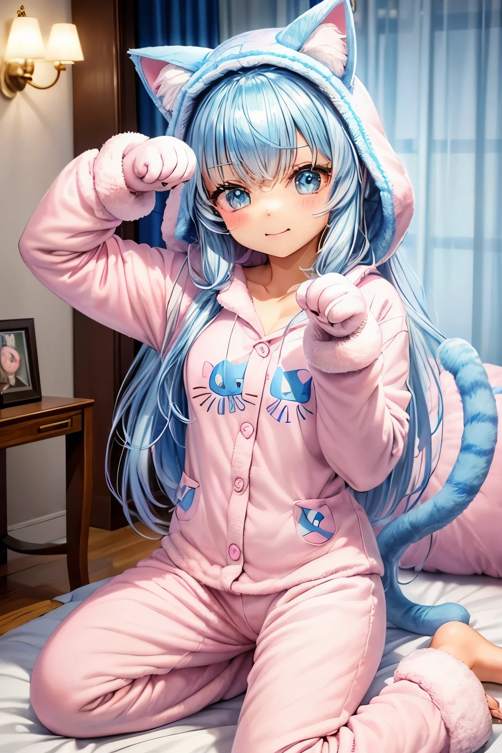 Chibi, Nendoroid, ((worst quality, low quality)), ((Close-up)), ( girl), light blue hair, (Fluffy cat costume pajamas:1.4), (Open pajamas:1.2), (light pink pajamas:1.4), Animal Hoodie, (hood up:1.under the hoodie, Nekomimi, oversized hoodie, (cat paw gloves:1.3), five fingers, ((POW Pose:1.5)),chocolate, (chocolateまみれ:1.3), Scenery of a room decorated for a party, best quality,Super detailed, masterpiece,