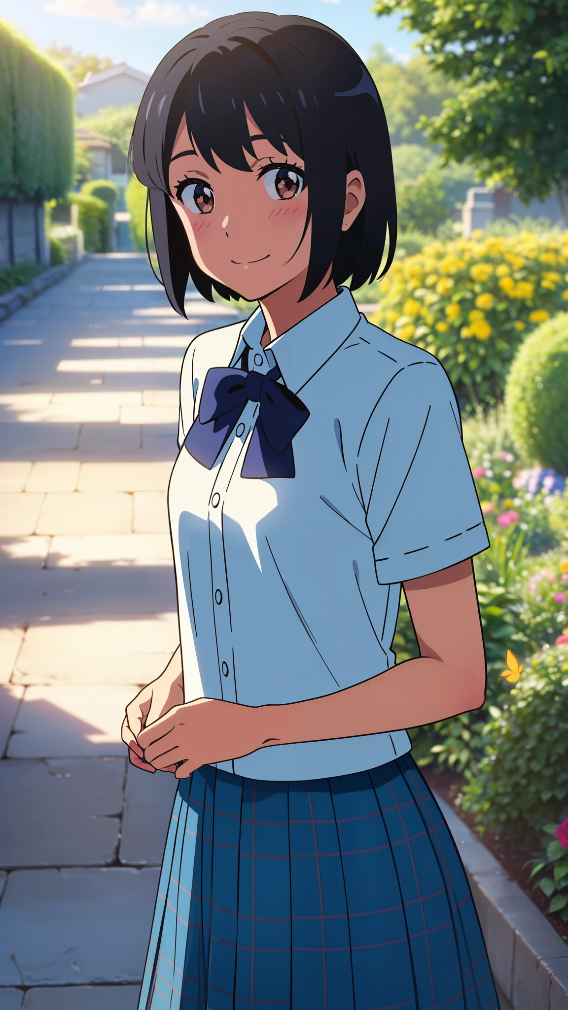 shinkai makoto, kimi no na wa., 1girl, bangs, black hair, blush, brown eyes, shiny skin, blue headband, blue ribbon, blue bow, turquoise plaid skirt, white dress, short sleeves, upper body, cowboy shot, looking at the viewer, short hair, smile, cute, solo, garden, pathway, courtyard, sky
