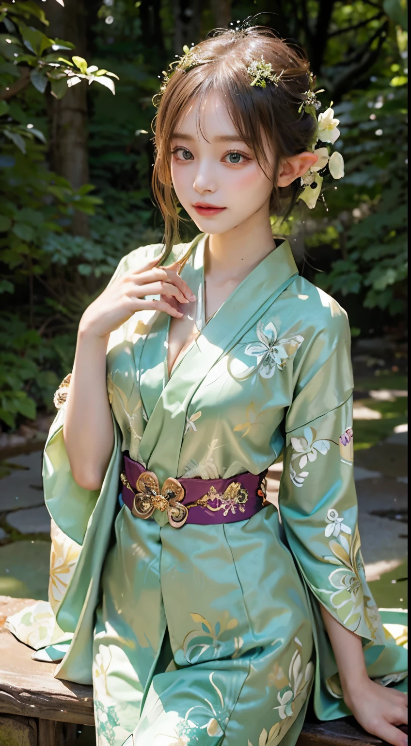 In a mystical setting, a woman radiates enchantment in the elven beauty of a green kimono. The verdant green fabric, adorned with ethereal patterns, gracefully envelops her figure, creating a harmonious blend of nature's hues. The obi ties elegantly around her waist, enhancing the allure of the traditional ensemble. In this fully-covered attire, she embodies an air of otherworldly grace, capturing the timeless beauty of an elf in a captivating green kimono amidst the magical surroundings.