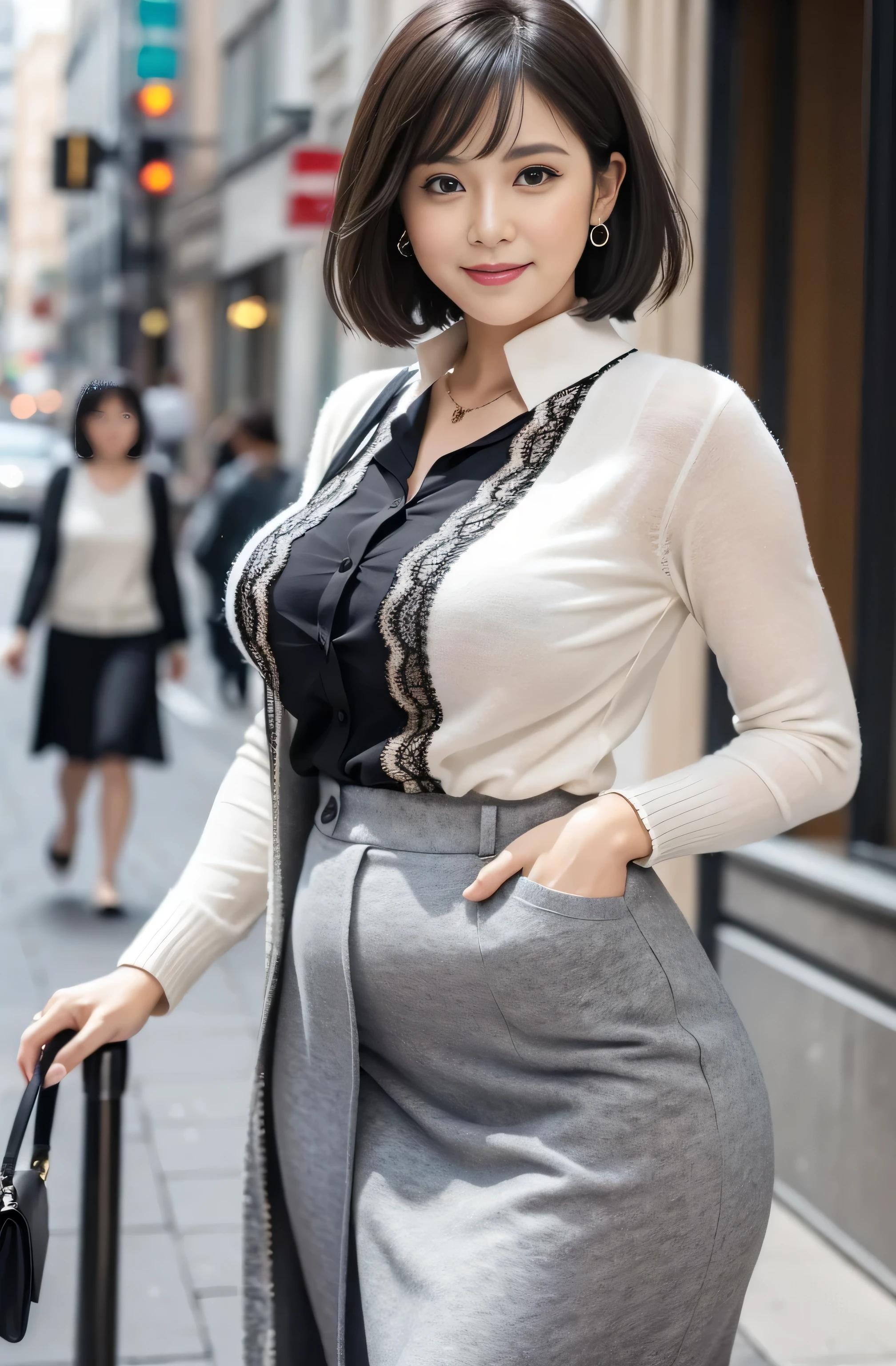 (masterpiece),(8K),((1 female:1.3)),((bbw glamor:1.3)),((50 year old beautiful female politician:1.4)),((While walking down the sidewalk in the city :1.3)),((She is wearing a long skirt made of gray felt fabric.: 1.4)),((The long skirt has a flared hem.: 1.3))((Wearing a simple and elegant off-white blouse: 1.3)),((Designed blouse with lace accents: 1.3)),((wearing an elegant black cardigan。: 1.3)), Clean and beautiful facial contours, ((big breasts) :1.4)),((beautiful short black hair:1.3)),((big ass:1.4)),((thick legs:1.3)), expensive necklaces and earrings, sexy, mature female politician, pure white skin, natural wrinkles, wrinkles around the eyes, surreal, natural skin, ((nice smile: 1.3)), beautiful lighting, ((Soft focus effect: 1.4)), Beautiful woman walking in a beautiful cityscape