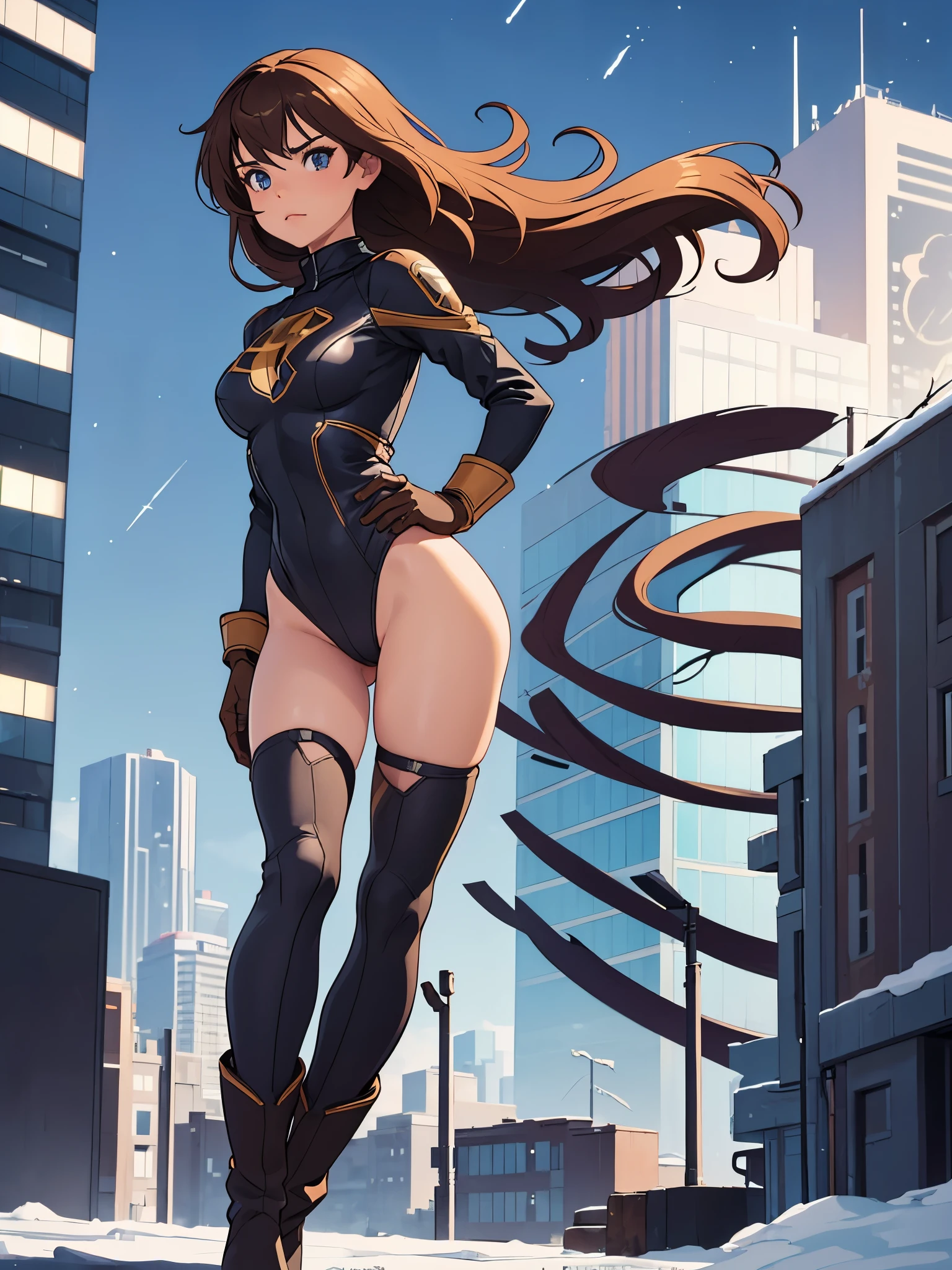 1girl, medium breasts, leotard, bare legs, tight belt, boots, matching boots, gloves, city backdrop, solo, single, hands on hip, standing, full body shot, cowboy shot, superhero, beautiful detailed eyes, mature lady, star symbol on chest, brown hair, high leg leotard