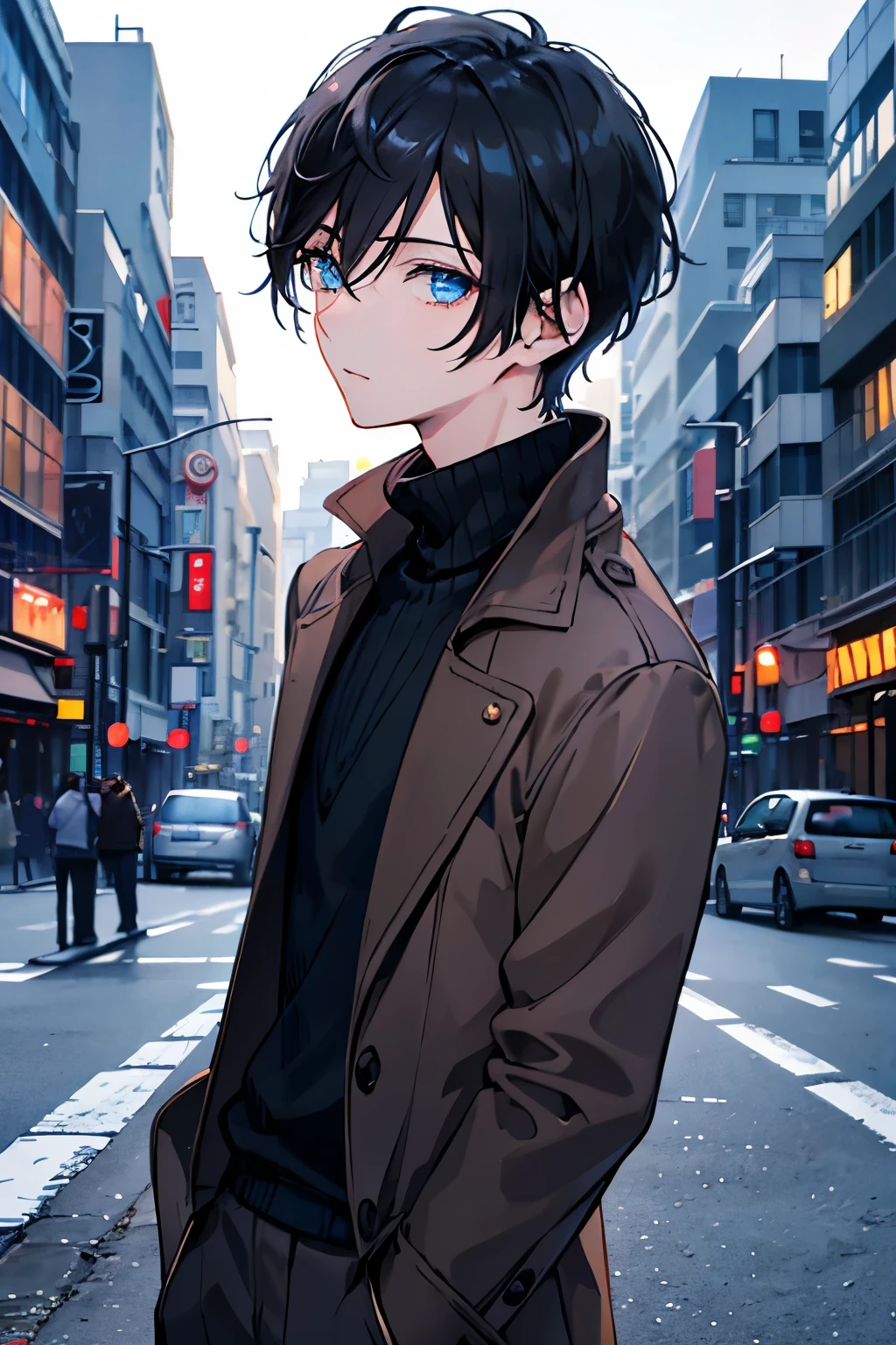 male black hair blue eyes short hair one person sweater slacks station Brown coat turn around dawn cool look up city prospect masterpiece Highest image quality noise removal clear parts cinematic shadow Increased attractiveness of the eyes clear parts the shine of the eyes Draw eyelashes neatly perfect eyes detailed eyes Sharpen image quality Sharpen eye writing clear parts eye shape