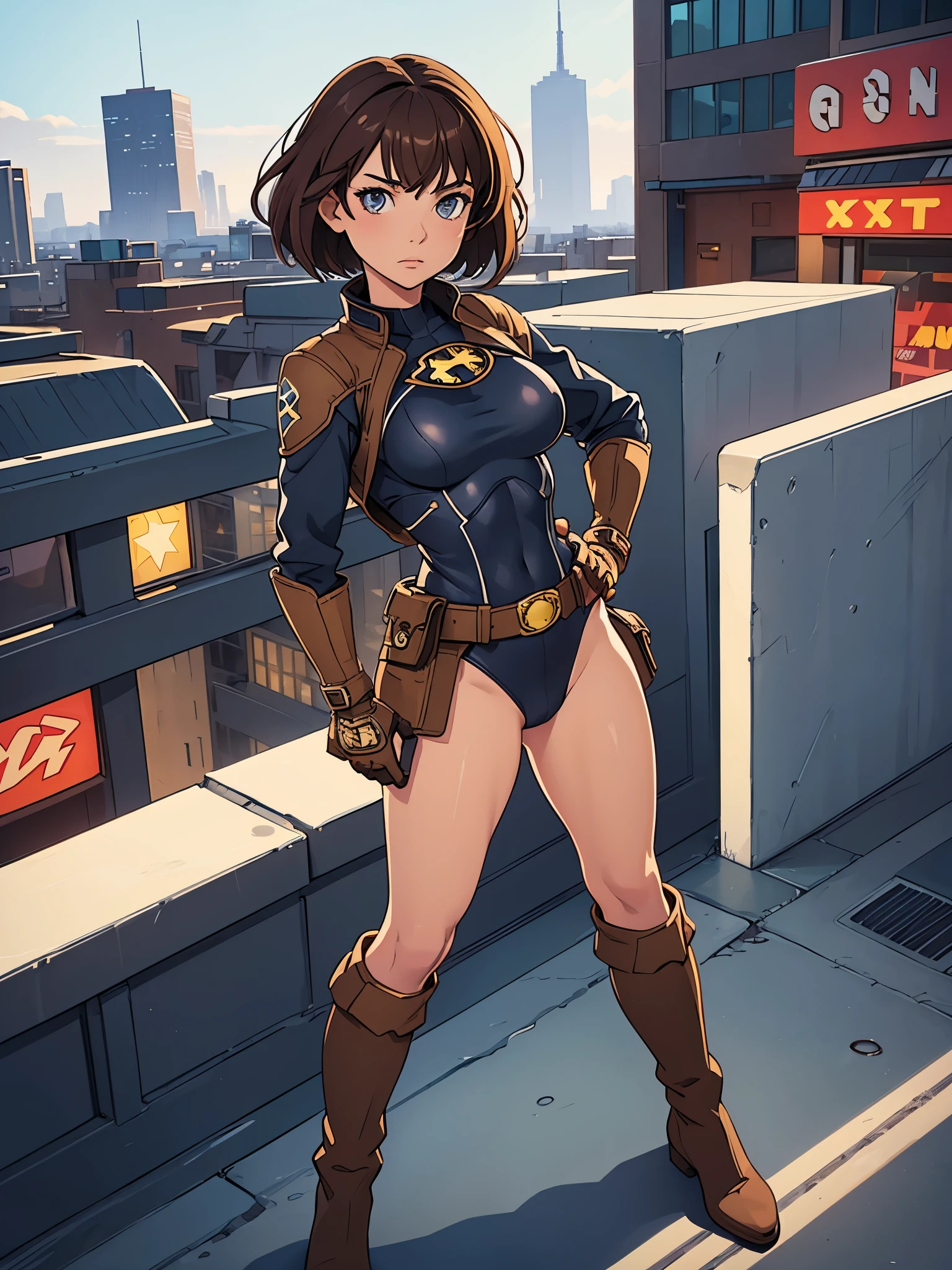 1girl, medium breasts, leotard, bare legs, tight belt, boots, matching boots, gloves, city backdrop, solo, single, hands on hip, standing, full body shot, cowboy shot, superhero, beautiful detailed eyes, mature lady, star symbol on chest, brown hair, high leg leotard
