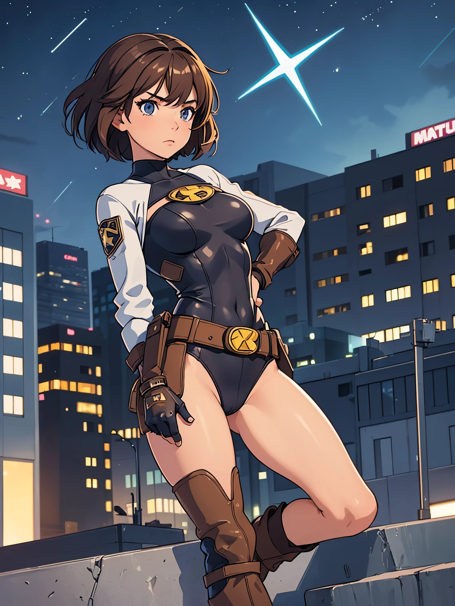 1girl, medium breasts, leotard, bare legs, tight belt, boots, matching boots, gloves, city backdrop, solo, single, hands on hip, standing, full body shot, cowboy shot, superhero, beautiful detailed eyes, mature lady, star symbol on chest, brown hair, high leg leotard, short hair, bob hair