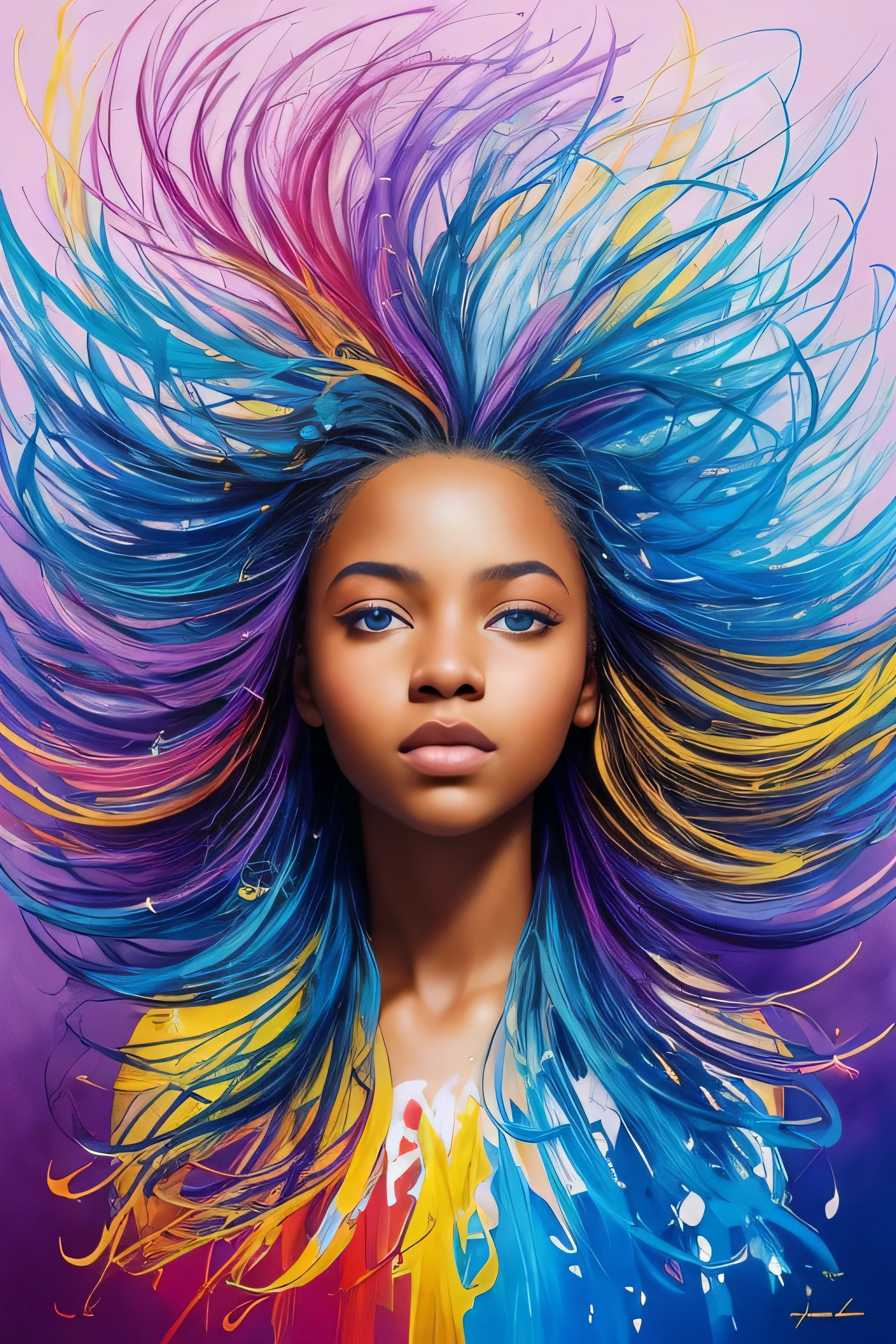 Colorful beautiful girl: a black African 8-years old, messy hair, oil painting, nice perfect face with soft skinice perfect face, blue yellow colors, light purple and violet additions, light red additions, intricate detail, splash screen, 8k resolution, masterpiece, cute face,artstation digital painting smooth veryBlack ink flow: 8k resolution photorealistic masterpiece: intricately detailed fluid gouache painting: by Jean Baptiste Mongue: calligraphy: acrylic: watercolor art, professional photography, natural lighting, volumetric lighting maximalist photoillustration: by marton bobzert:, complex, elegant, expansive, fantastical, wavy hair, vibrant