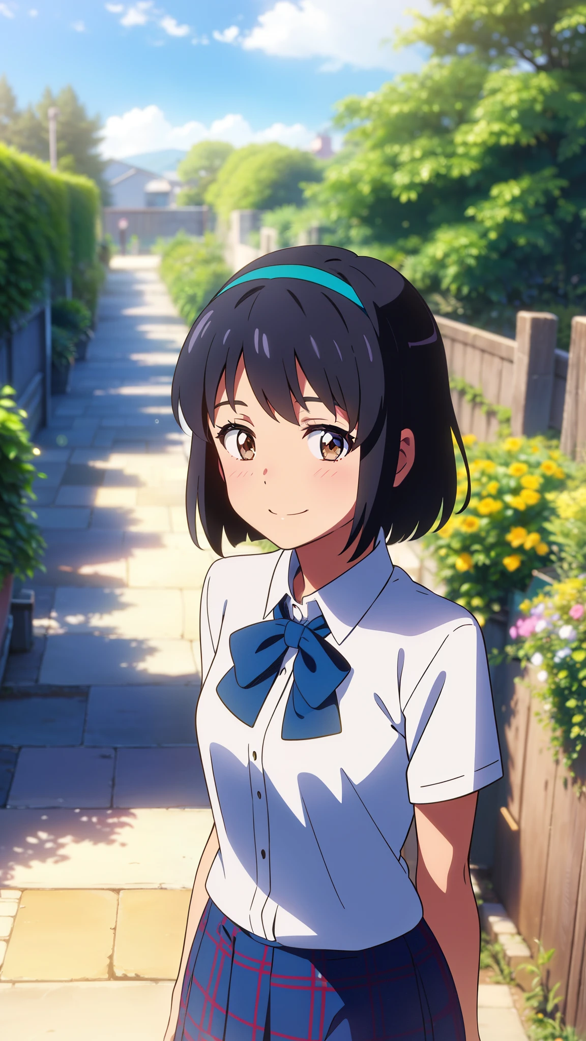 shinkai makoto, kimi no na wa., 1girl, bangs, black hair, blush, brown eyes, shiny skin, blue headband, blue ribbon, blue bow, turquoise plaid skirt, white dress, short sleeves, upper body, cowboy shot, looking at the viewer, short hair, smile, cute, solo, garden, pathway, courtyard, sky
