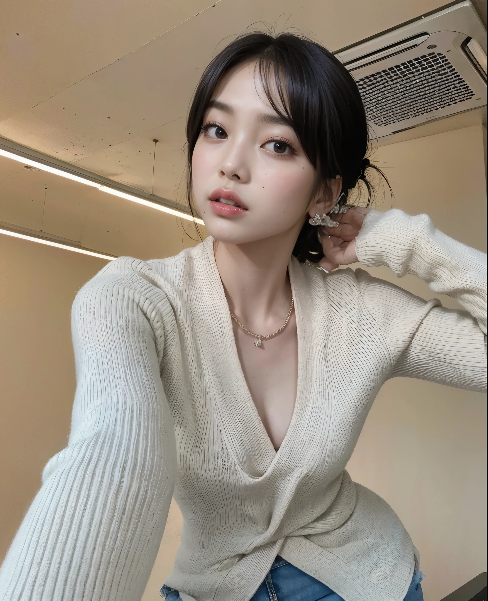 arafa woman in a white sweater and jeans posing for a photo, gorgeous young Mulher coreana, beautiful south Mulher coreana, beautiful young Mulher coreana, Ulzzang, Roupa aberta v peito, Heonhwa Choe, Modelo de moda feminina coreana, coreana, a young asian woman, wearing v - neck top, Xision Wu, Xintong Chen, Mulher coreana