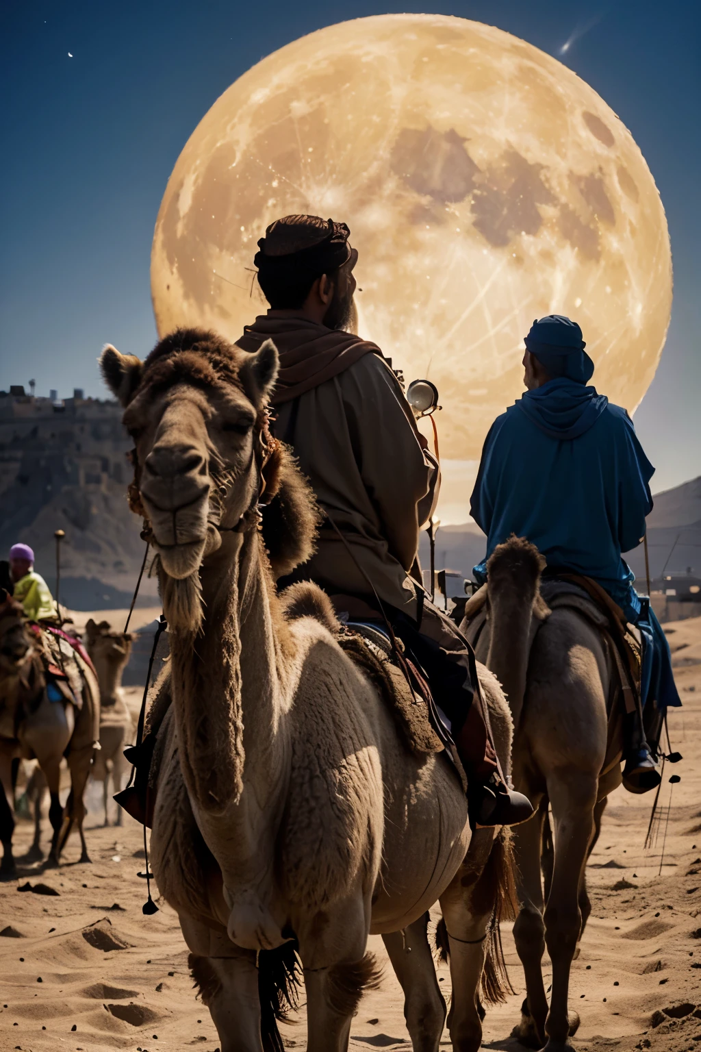8k, photo realistic, photography, hyper realistic, Scene: 3 wise men on top of their camels on the way to jerusalem, the moon in the background, CAMERA MODEL: Nikon Z7 II | CAMERA LENSE: 85mm f/1.8 | SPECIAL EFFECTS: Soft focus, natural light | TAGS: Love, complex emotions, affection, warmth, respect, surprised