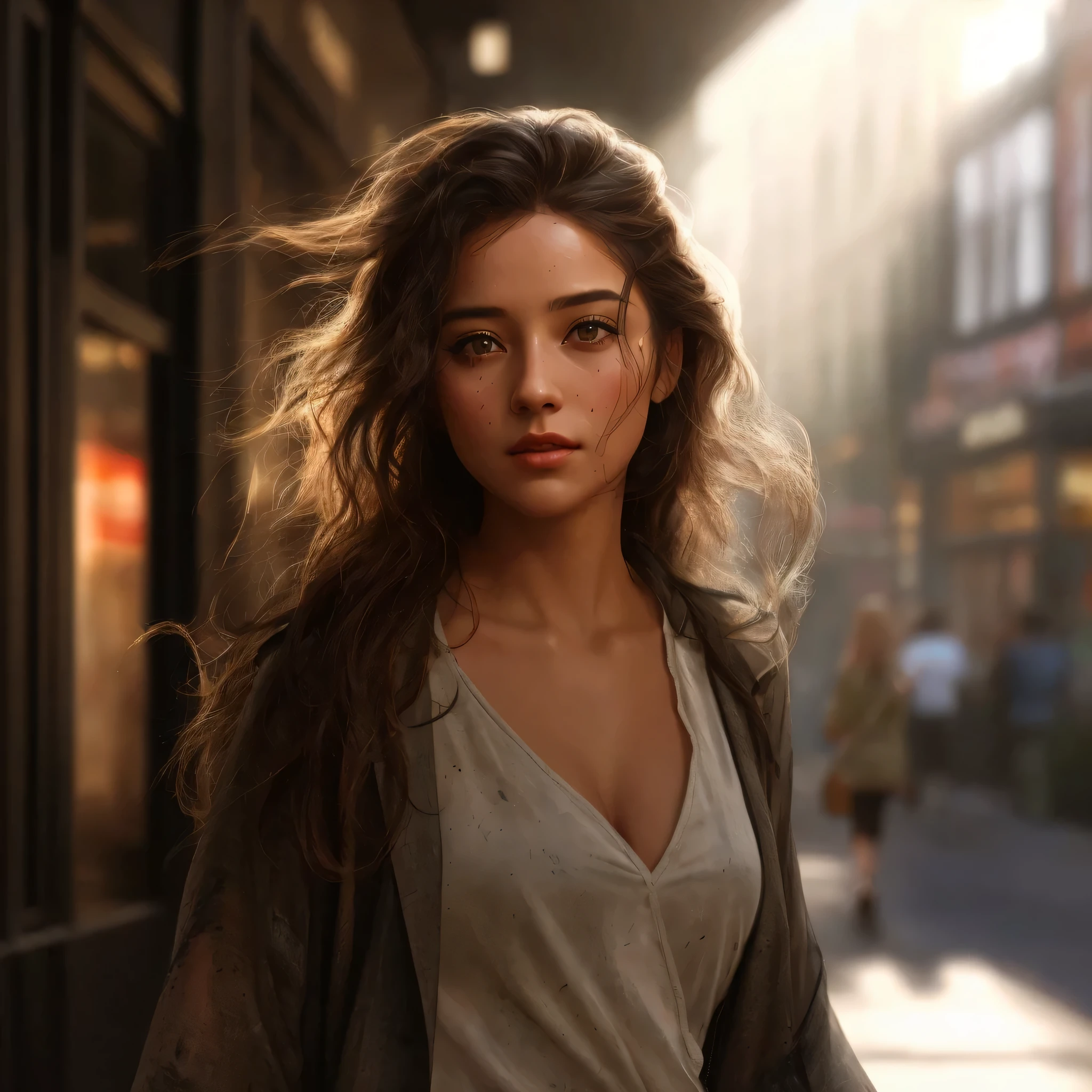 there is a woman that is walking down the street with her hair blowing in the wind, realistic digital painting, photorealistic digital painting, cinematic realistic portrait, realistic digital art 4k, realistic digital art 4 k, 8 k realistic digital art, cinematic digital painting, gorgeous digital painting, ultra realistic digital painting, matte painting portrait shot, stunning digital painting