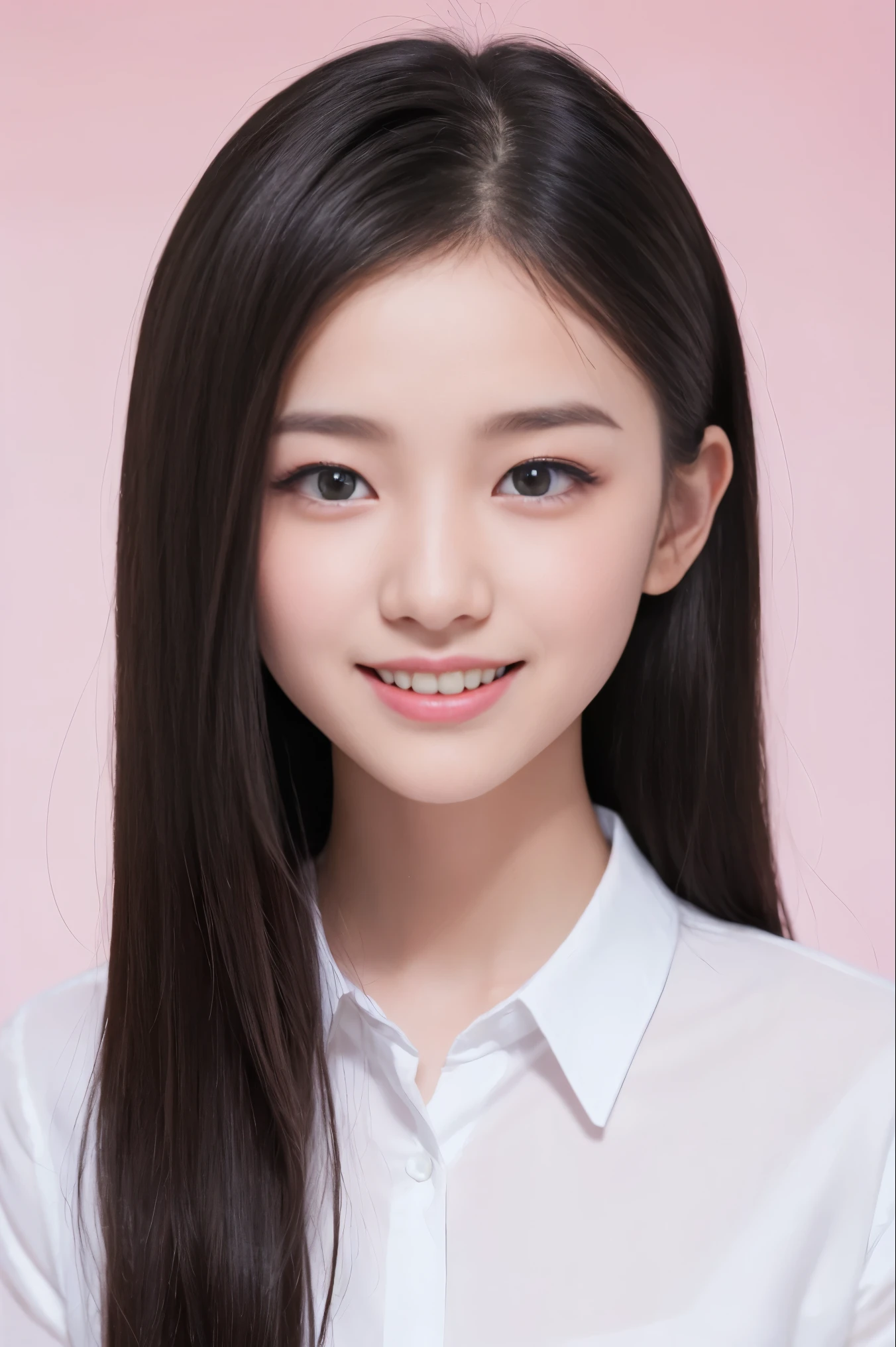 Bright pink background、highest quality、Super high resolution、beautiful woman、cute、solo、japanese woman。Half-body photography、15 year old student、high school girl、laughter。Beautiful young woman model。bright look、photorealism、extraordinary beautiful girl、beautiful face、(Pueros face)、Shining white skin、light brown straight hair、thin hair、Attractive beautiful brown eyes、double eyelid、、fashionable girl。wearing a white shirt。half-body portrait。Healthy face。Skin Care Cosmetics、professional lighting。