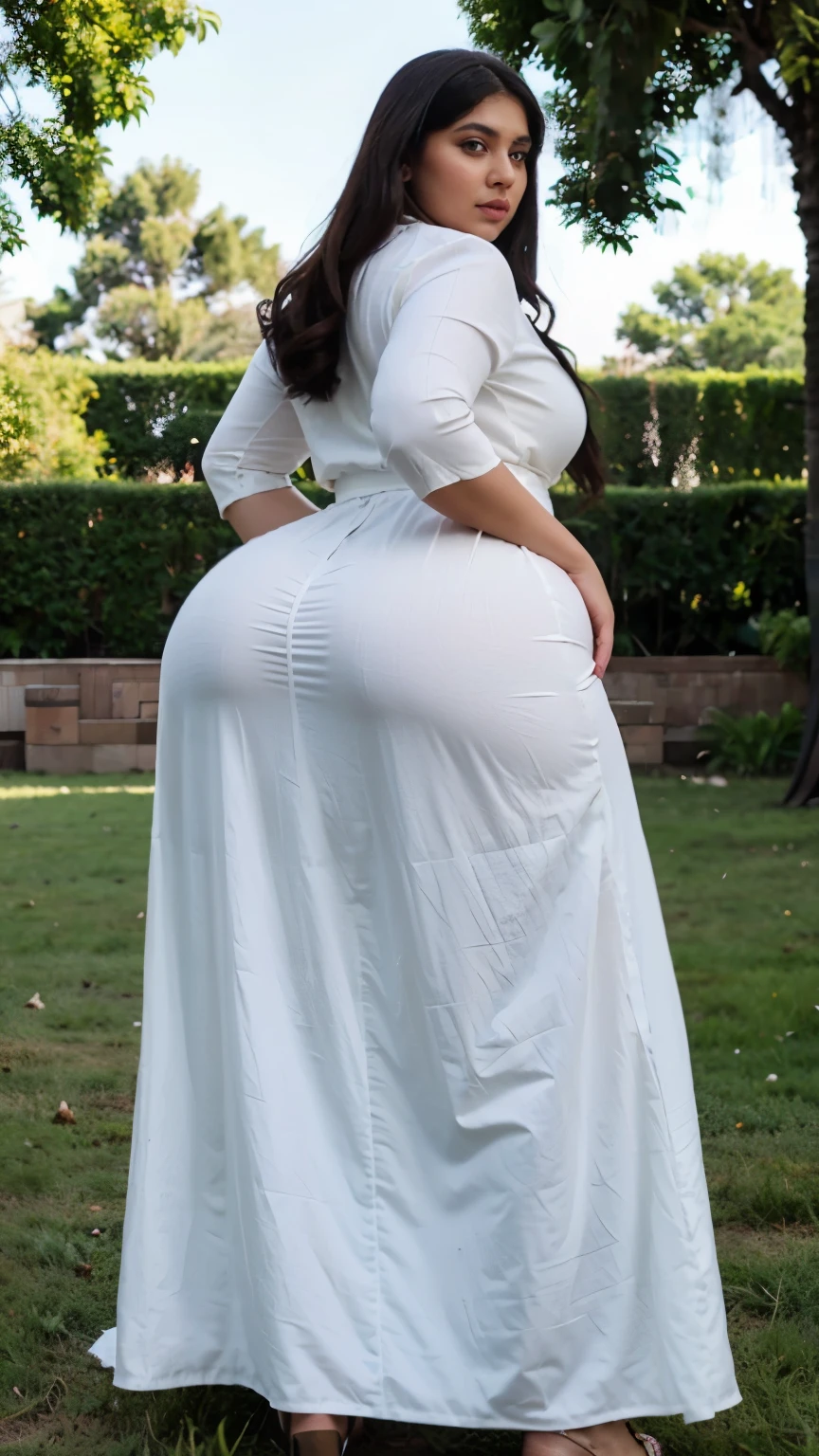 Bbw Pakistani,white long dress,facing the camera)(big booty) (face here) Plus size bbw big ,grass, (wide booty)insanely inflated hips