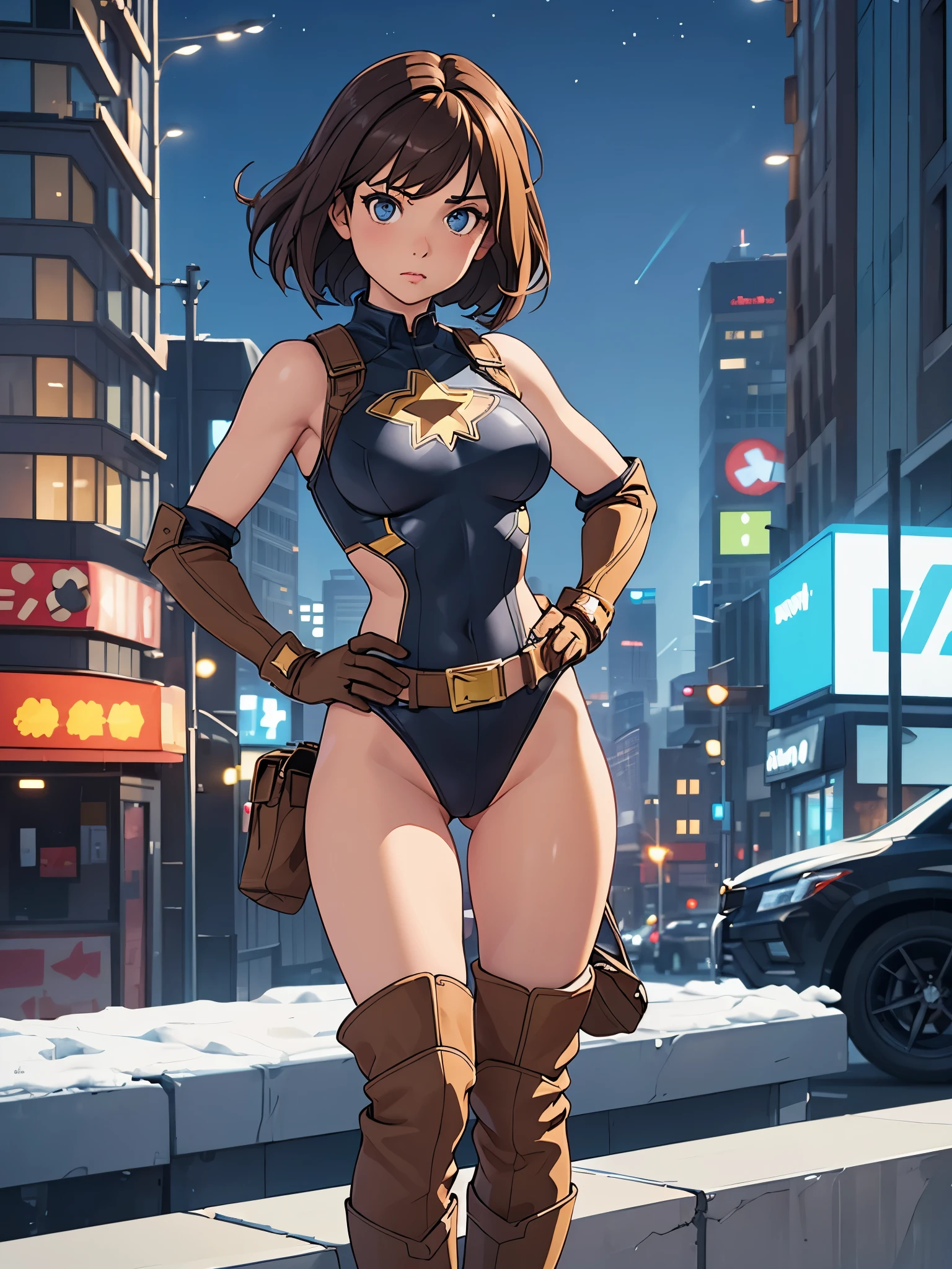 1girl, medium breasts, leotard, bare legs, tight belt, boots, matching boots, gloves, city backdrop, solo, single, hands on hip, standing, full body shot, cowboy shot, superhero, beautiful detailed eyes, mature lady, star symbol on chest, brown hair, bob hair, high leg leotard