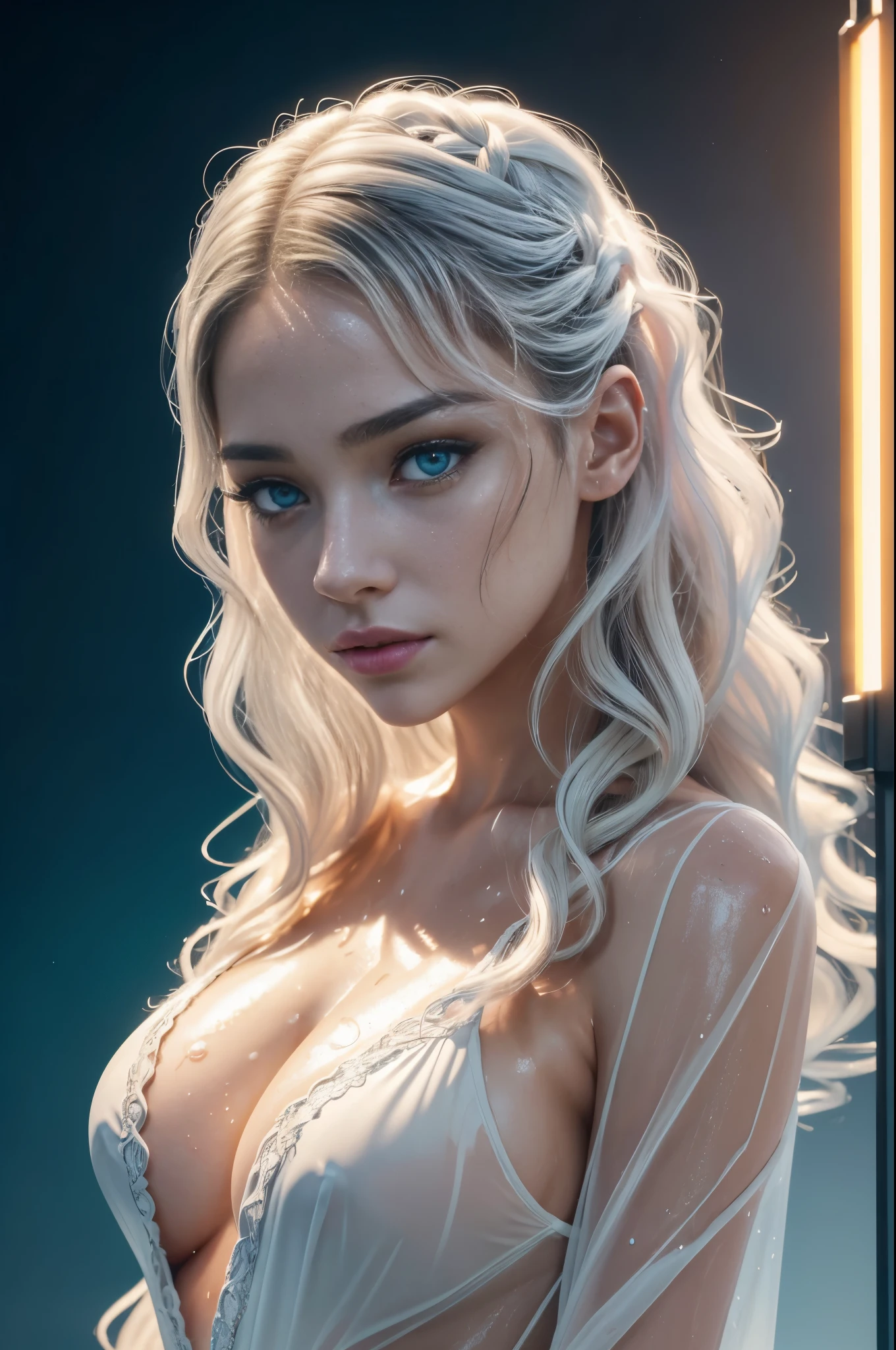 (whole body:1.3)(extremely intricate:1.3), (photorealistic:1.4), hyper-detailed wet sheer outfit, (sensual pose), (lewd face), sexy lips, waifu, oppai, beautiful, cute, pretty, perfectly proportion body, perfect framing, sharp gray eyes, supermodel face, detailed face, pale white skin, [[freckles skin]], (((white wavy hair))), cover art, moody,  zoom out, depth of field, art station, (luminism), (((cinematic lighting))), orange and teal, soft light, [summer weather: sunset weather:2.5] 4k resolution, octane render,