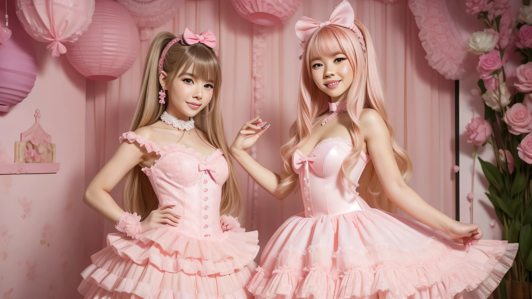 there is a young girl wearing a pink dress and a big bow, belle delphine, lalisa manobal, lalisa manoban of blackpink, portrait of japanese gyaru, wearing pink romantic tutu, inspired by Miwa Komatsu, wearing a pink ballroom gown, wearing a pink romantic tutu, anime barbie doll, dressed in a pink dress, pink girl