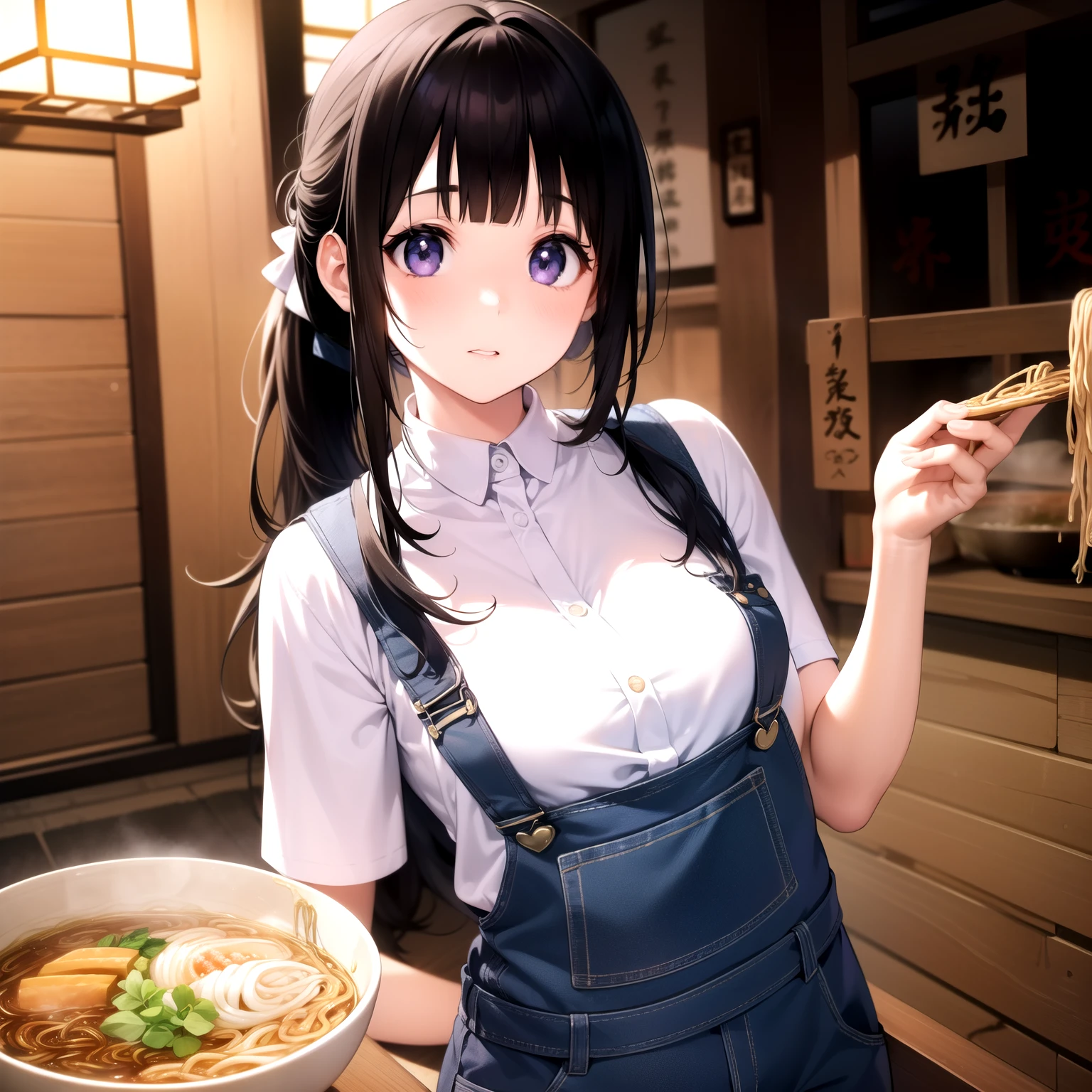 (A superb exquisite Chitanda Eru), (mature face), purple eyes, long black hair, ponytail hair, straight bangs, solo, [Small_breasts: large_breasts: 0.5], normal breasts, ((ramen bar, izakaya, dungarees)), extremely delicate, peerless beautiful girl, dreamy quality, exaggerated facial features, solid color, delicate face, bright lips, slender waist, straight curves, soft lights and shadows, super fine, 8K HD, (masterpiece:1.4), (finely detailed beautiful eyes: 1.2)