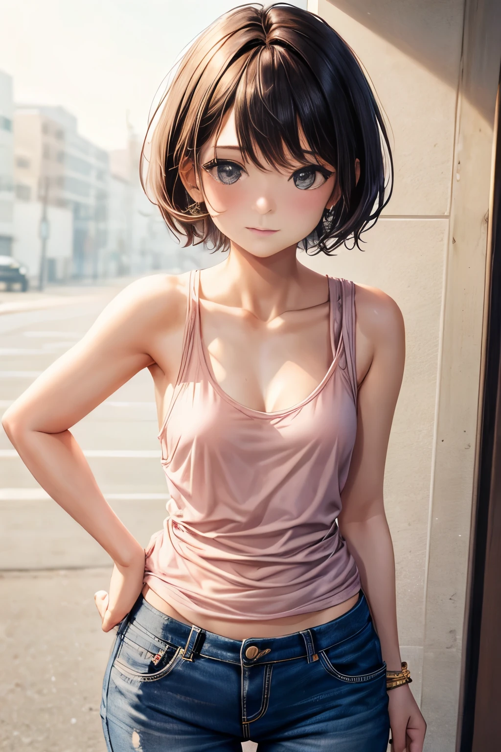 Anime Girls ,Short black hair,Wearing a crop top,Small breasts,