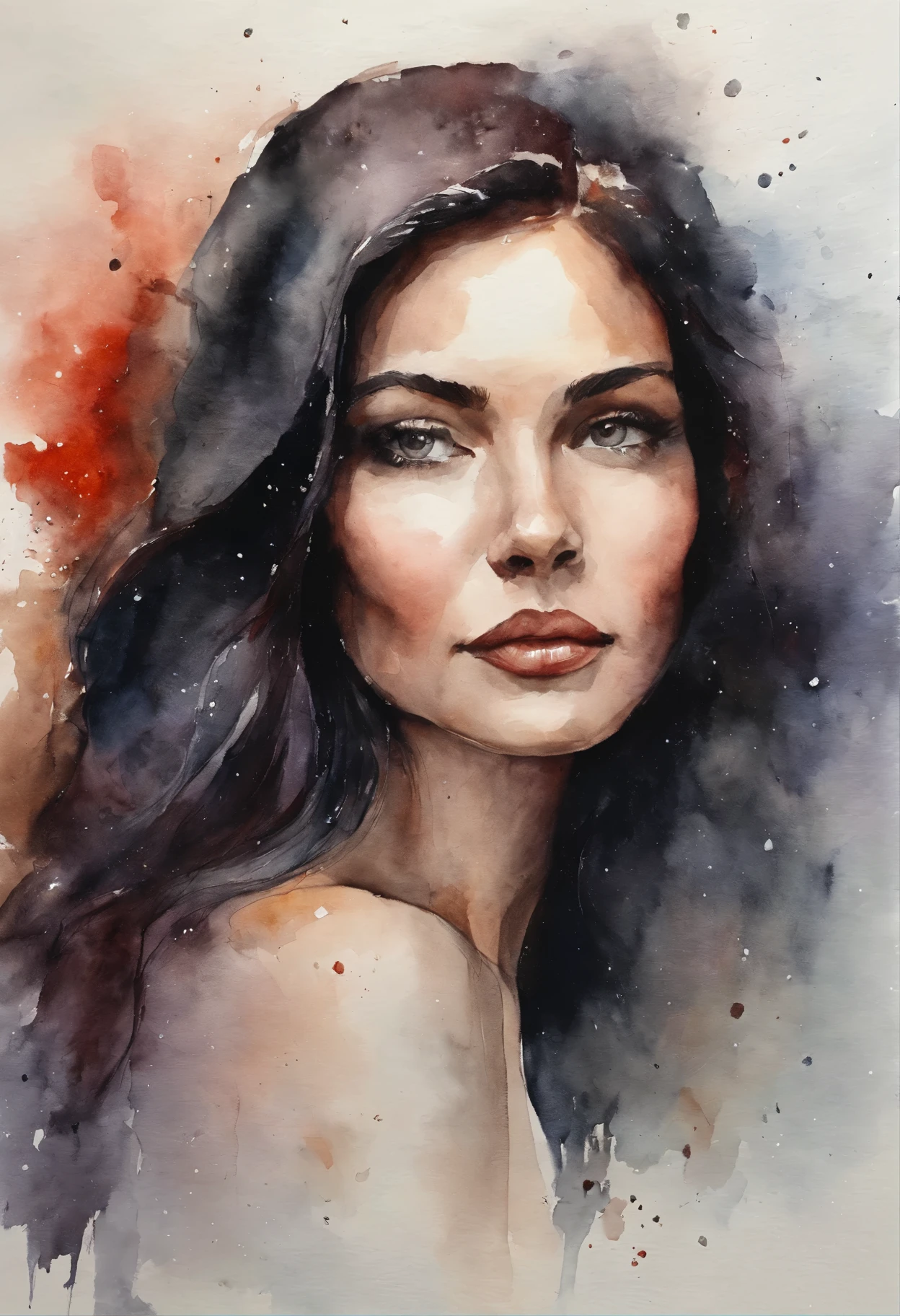Impasto Oil Painting of a Woman, Cute 、profile , stares at the camera,doa、fold hand with、 The background is outer space,Red Galaxy、realistic oil painting. masterpiece artwork、wish、Reverent look、infp young woman、Dark hair、Line Light.