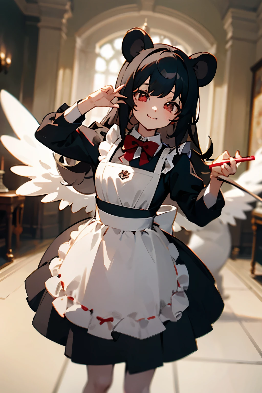 (((masterpiece))),highres,absurdres,(((best quality))),official art,perfect lighting,looking at viewer,aquarium,indoors,
1girl,light smile, thin waist, bear ears, animal ears, long hair, black hair, red eyes, angelic eyes, round eyes, pastel color, (PastelColors: 1.3), cute dress, black dress, white apron, red bow tie, random pose