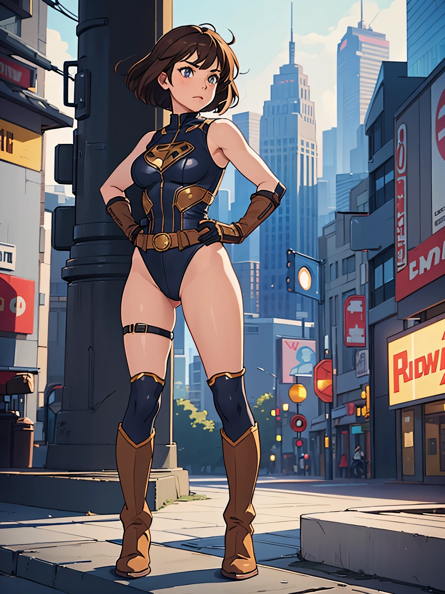 1girl, medium breasts, leotard, bare legs, tight belt, boots, matching boots, gloves, city backdrop, solo, single, hands on hip, standing, full body shot, cowboy shot, superhero, beautiful detailed eyes, mature lady, star symbol on chest, brown hair, bob hair, high leg leotard