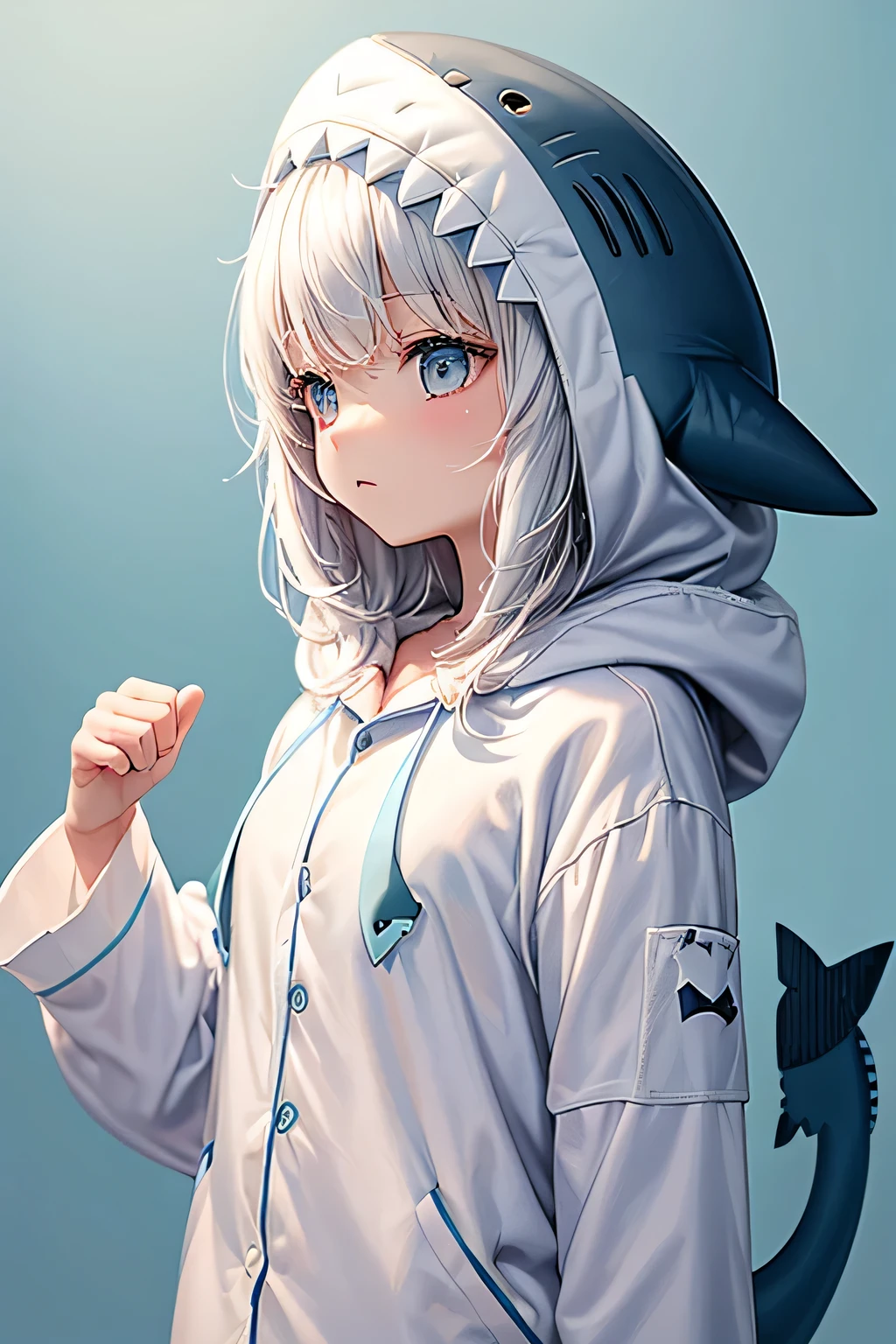 PopMart blind box IP, Chinese zodiac, super cute girl wearing shark hoodie , technological elements, fashionable clothes, streamlined 3D/C4D production: 8K HD picture quality/lighting/ultra-fine lens depiction 1.5, flawless, chibi background/cinematic sense.
