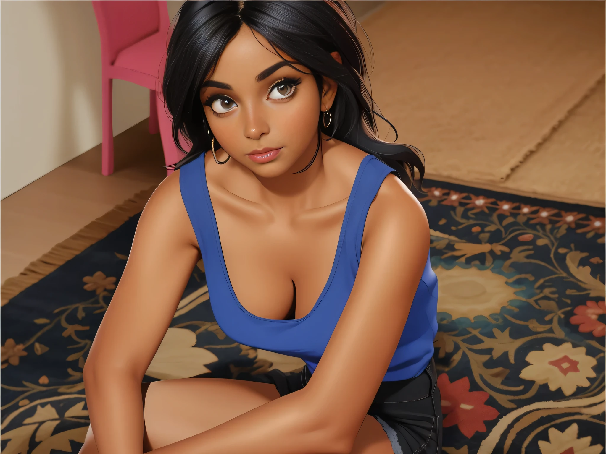 There is a dark-skinned person, mulher magra e bronzeada, sentado em um tapete em uma sala, full body – frontal photo, vestindo shorts preto e uma blusa azul. Mulher com pele branca bronzeada e cabelos escuros. ela tem cerca de 35 anos. high resolution, alta qualidade, obra de arte, 8k.
