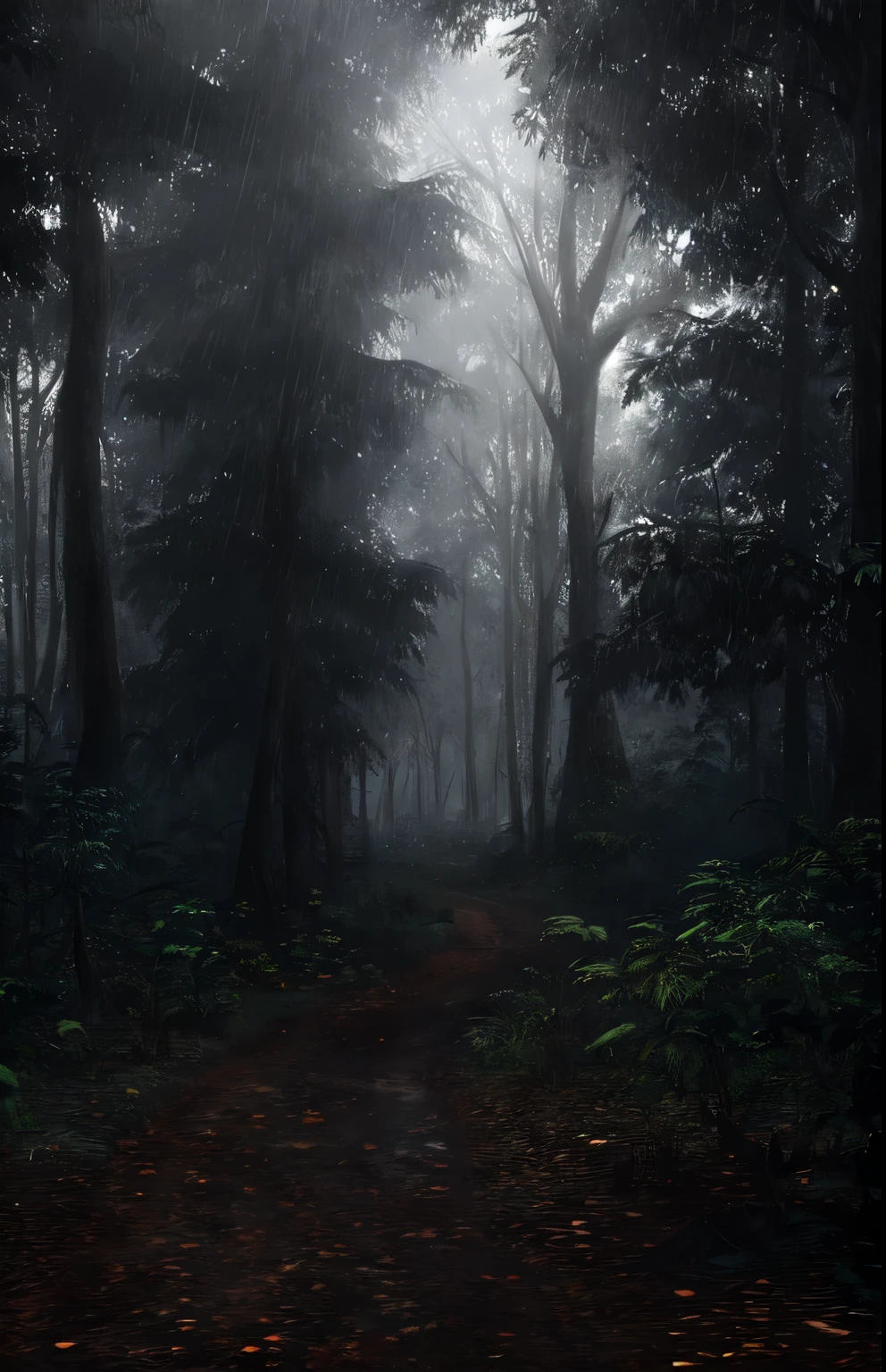 A jungle, with intense rainfall, monochromatic, vines all around, giant and wet trees, masterpiece, best quality, high quality, extremely detailed CG unity 8k wallpaper, oil paiting, award winning photography, Bokeh, Depth of Field, HDR, bloom, Chromatic Aberration ,Photorealistic,extremely detailed, trending on artstation, trending on CGsociety, Intricate, High Detail, dramatic, art by midjourney, volumetric lighting