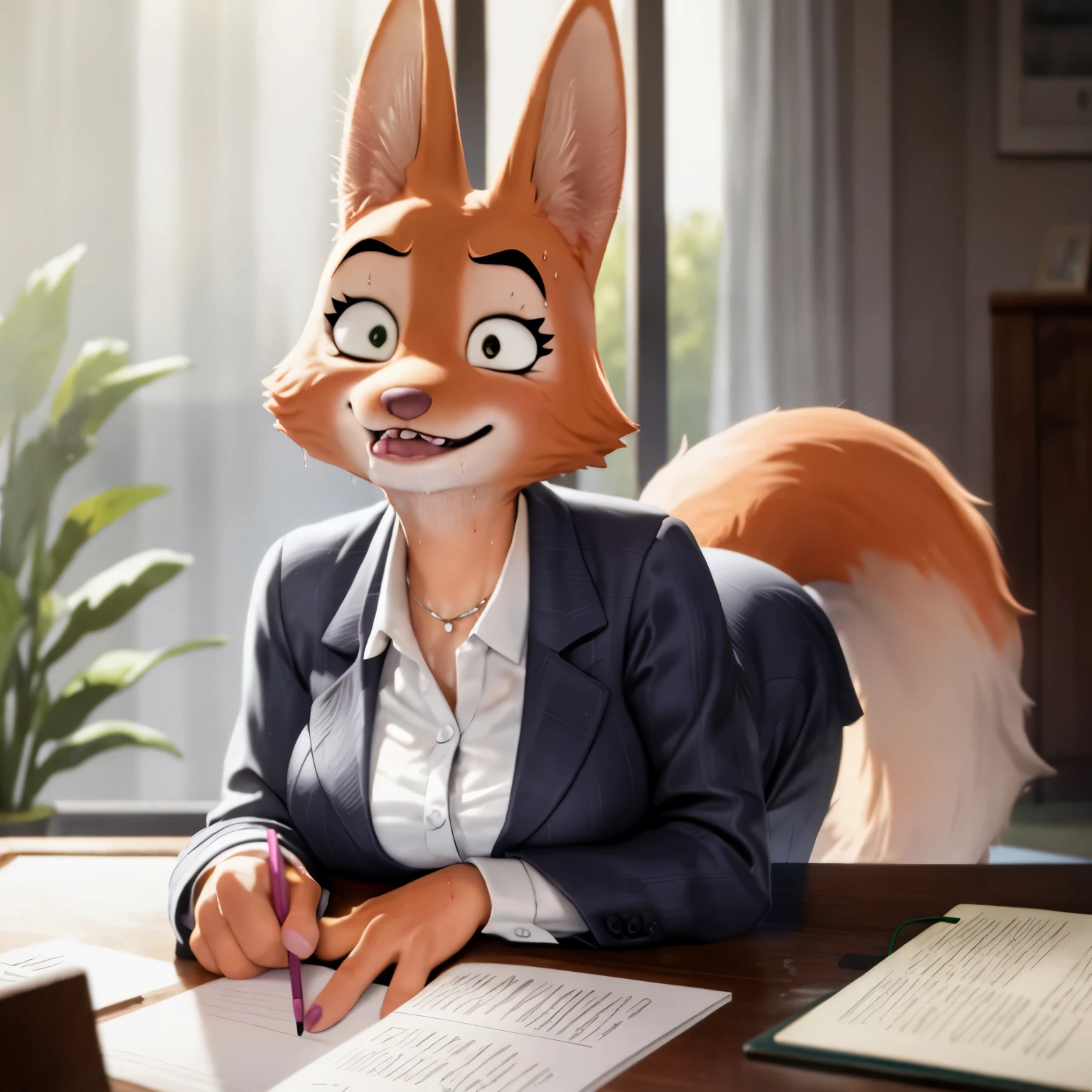 Diane foxington, secretary, soaked wet, lip bite