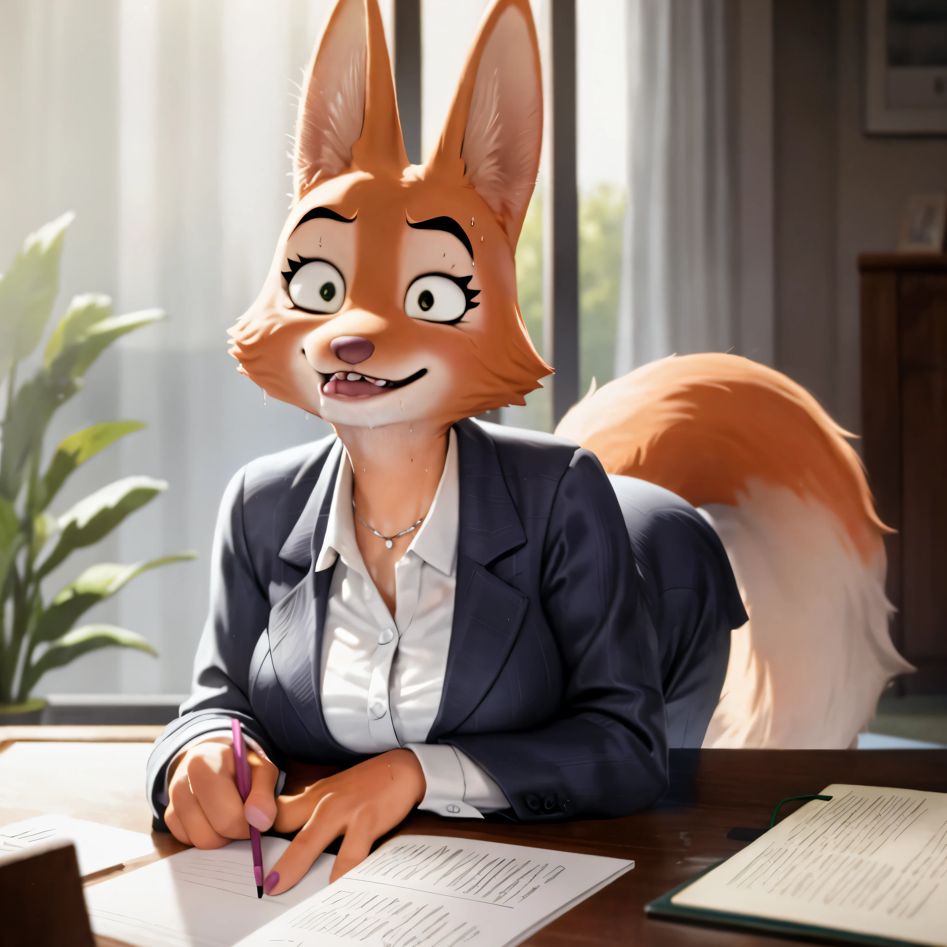 Diane foxington, secretary, soaked wet, lip bite