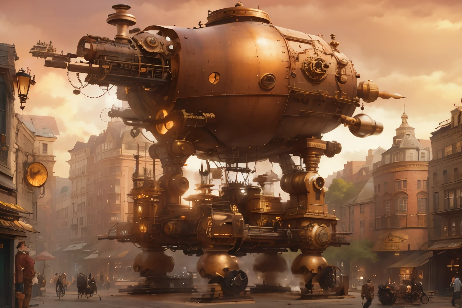 there is a large steam engine in the middle of&#39;une ville, golden Ville steampunk atmosphere, victorian steampunk mega city, art conceptuel steampunk, Dans une ville steampunk distopian, Ville steampunk, Steampunk Metropolis, in Ville steampunkscape, a Ville steampunk, Giant and Imposing Steampunk Tower, ancient Ville steampunk, Rendu 3D steampunk, victorian Ville steampunk vista, high quality steampunk art