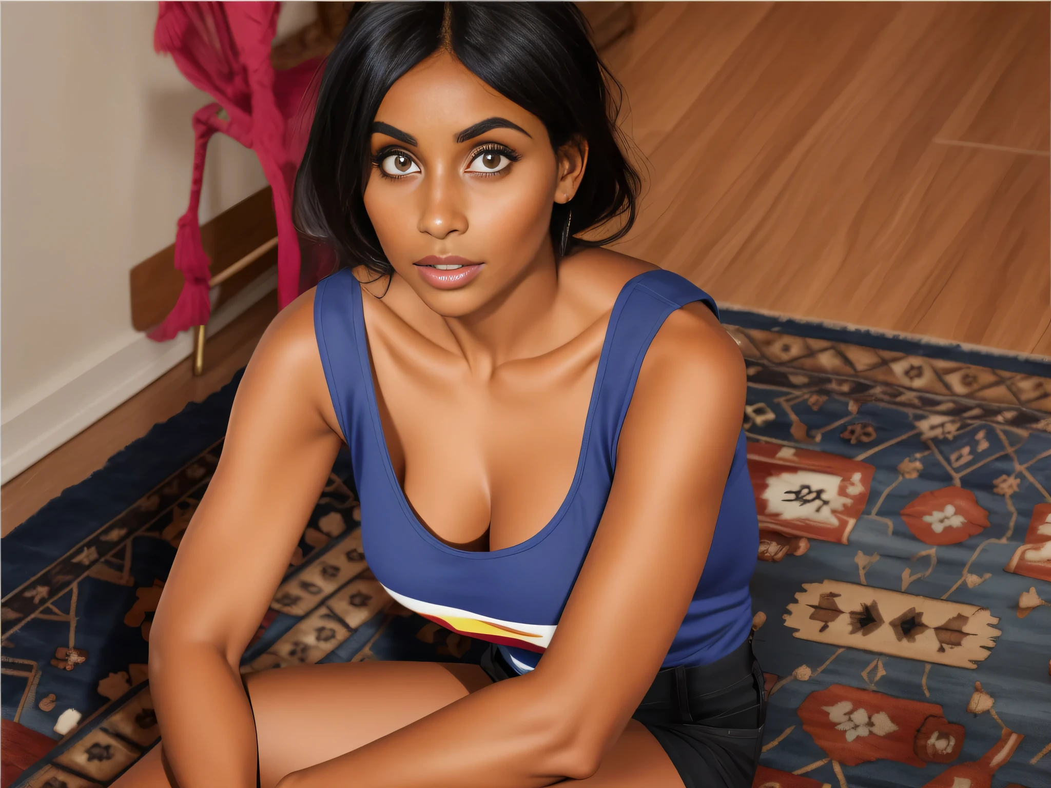There is a dark-skinned person, mulher magra e bronzeada, sentado em um tapete em uma sala, full body – frontal photo, vestindo shorts preto e uma blusa azul. Mulher com pele branca bronzeada e cabelos escuros. ela tem cerca de 35 anos. high resolution, alta qualidade, obra de arte, 8k.
