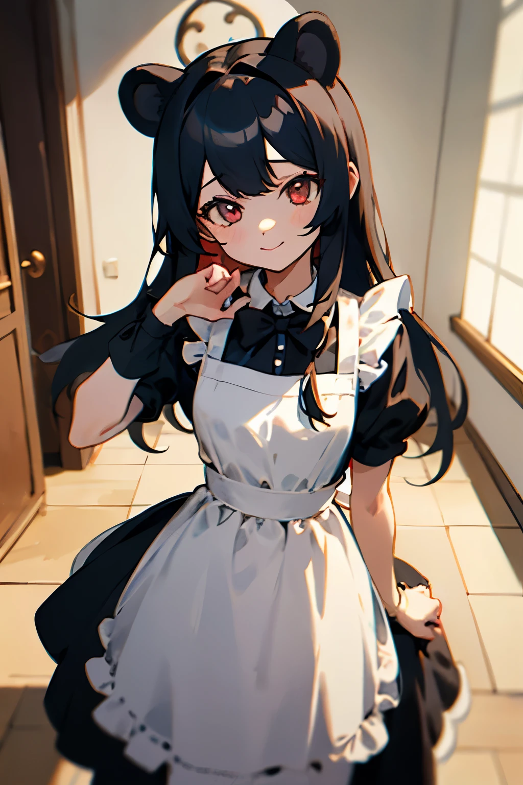(((masterpiece))),highres,absurdres,(((best quality))),official art,perfect lighting,looking at viewer,aquarium,indoors,
1girl,gentle smille, thin waist, bear ears, animal ears, long hair, black hair, red eyes, angelic eyes, round eyes, pastel color, (PastelColors: 1.3), cute dress, black dress, white apron, red bow tie, random pose