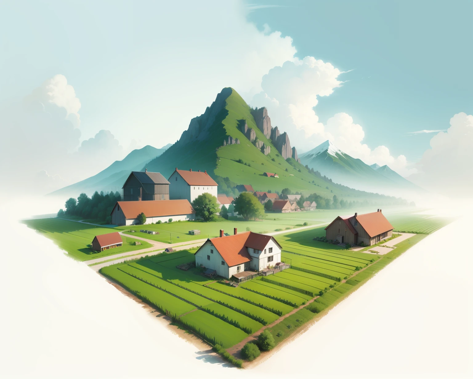 farms aerial illustration,, Stylized digital illustration, full color digital illustration, agriculture,,Vegetable greenhouses,,background mountain,white clouds blending into the background,Illustration style