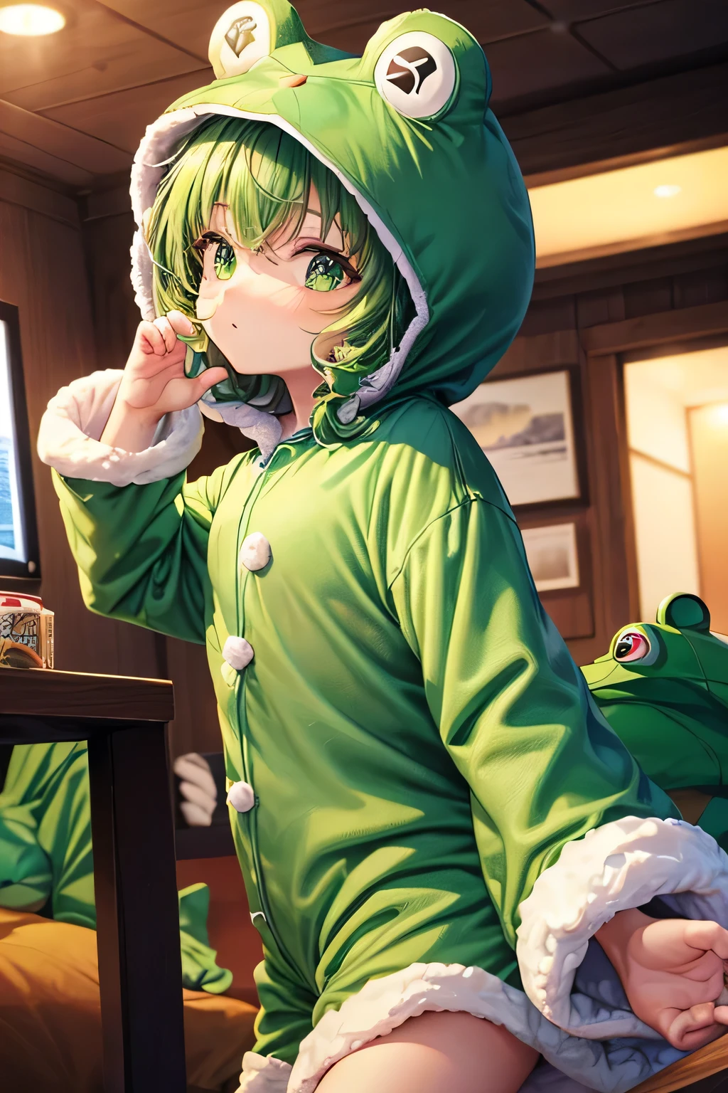 Chibi, Nendoroid, ((worst quality, low quality)), ((Close-up), profile,1.5 facing left), ( girl), green hair, (Fluffy frog costume pajamas:1.4), (Open pajamas:1.2), (light green pajamas:1.4), Animal Hoodie, (hood up:1.under the hoodie, oversized hoodie, five fingers, perfect hands, casino background, best quality,Super detailed, masterpiece,