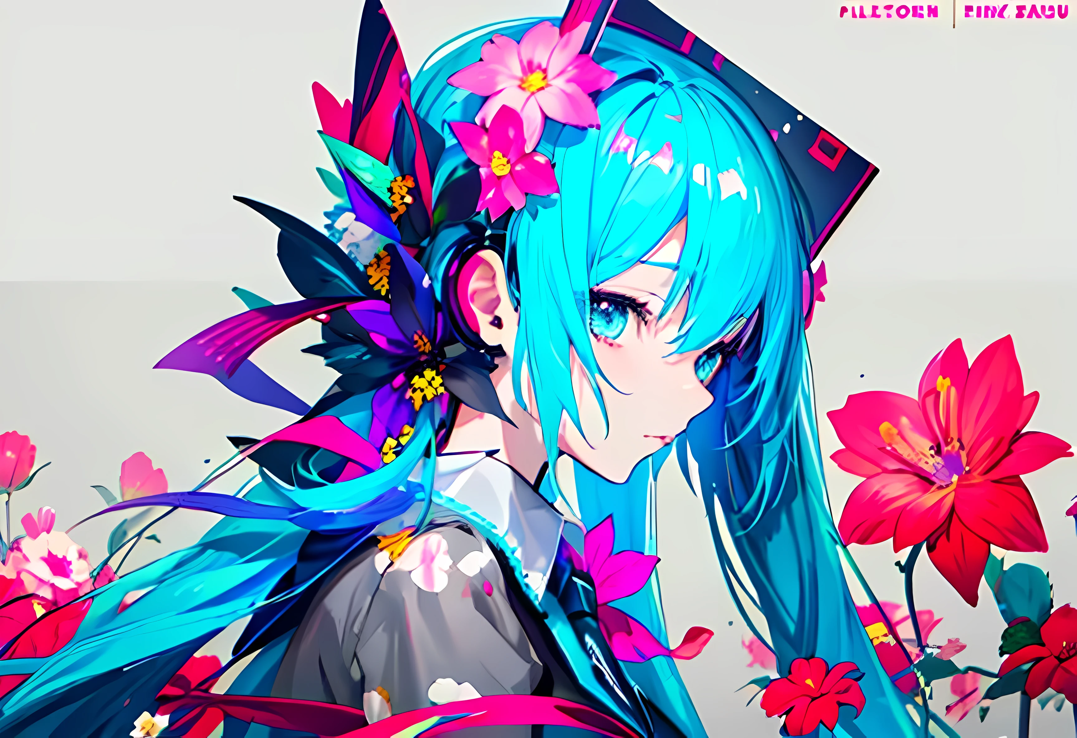 anime girl with flowers in her hair and a gray background, mika pikazo art, digital art on pixiv, mika pikazo, anime art wallpaper 4k, anime art wallpaper 4k, pixiv, trending on artstation pixiv, 2d art cover, hatsune miku, cyan colored hair, hatsune miku headphone with flower accent, heads looking right side, eyes on camera