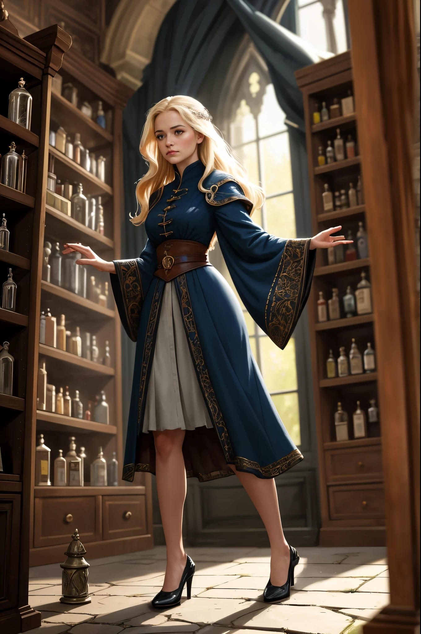zrpgstyle, medieval portrait, (2girls:1.3), acolyte women, (Style-Interact:1.3), glorious elaborate ornate robes standing in a detailed luxurious stone castle (apothecary:1.2) Game of Thrones Hogwarts bright morning sunlight shining in from window Clutter-Home, (masterpiece:1.2) (best quality) (detailed) (intricate) (8k) (HDR) (wallpaper) (cinematic lighting) (sharp focus) (intense action scene, dutch angle, foreshortening, motion blur, blurred foreground:1.3)