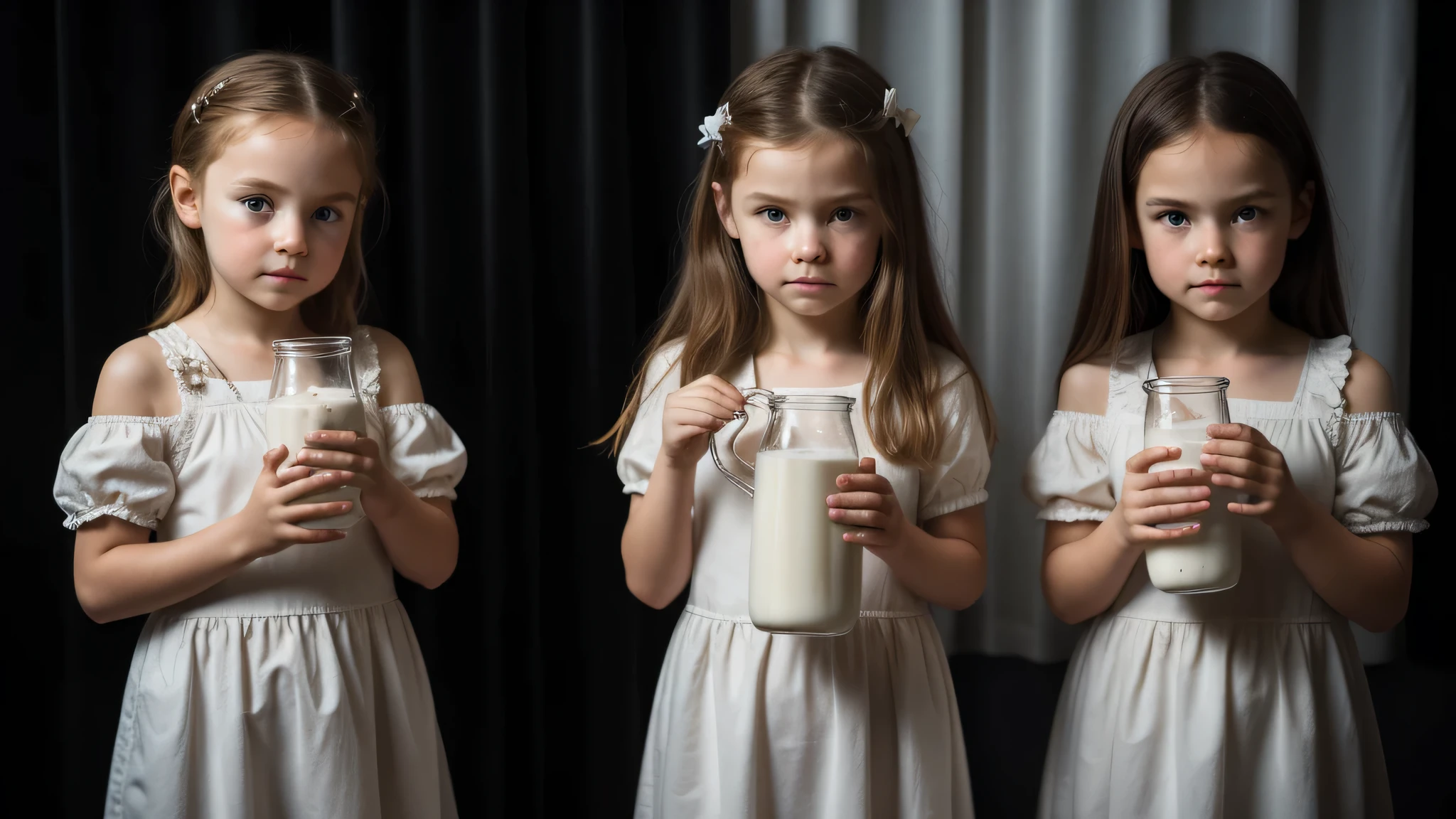 two  girls holding jars of milk in front of a black curtain, inspired by Frieke Janssens, milk, by Frieke Janssens, erwin olaf, with a twin, siamese twins, two girls, twins, identical picture, sea of milk, beautiful gemini twins, milk puddles, by Ejnar Nielsen, young girls, sisters, children