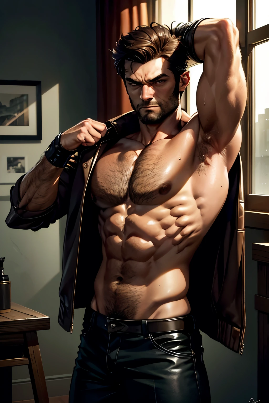 In the dimly lit room, Wolverine, clad in his signature brown leather jacket, stands still with a thoughtful expression. The jacket fits him perfectly, accentuating his massive bulging biceps. He raises one arm, bringing it up to his armpit and takes a deep sniff. The scent of sweat and metal wafts through the air, a testament to his raw, primal strength. The rough texture of the jacket brushes against his fingers as he lowers his arm, the sensation grounding him in the present moment. The room is quiet, save for the faint sound of raindrops tapping against the window, adding to the sense of solitude and introspection. This high