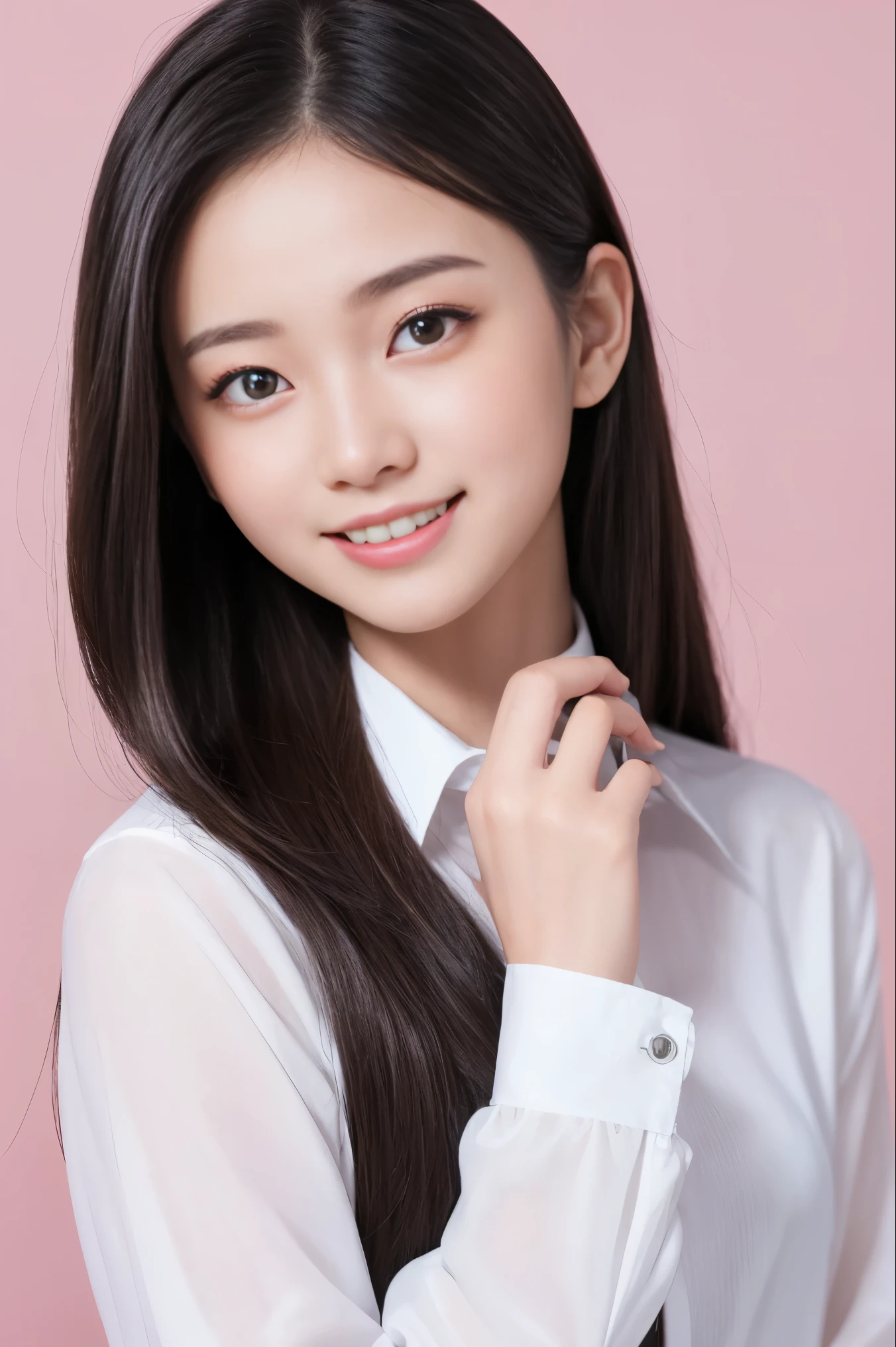 Bright pink background、highest quality、Super high resolution、beautiful woman、cute、solo、japanese woman。Full body shot、15 year old student、high school girl、laughter。Beautiful young woman model。bright look、photorealism、extraordinary beautiful girl、beautiful face、(Pueros face)、Shining white skin、light brown straight hair、thin hair、Attractive beautiful brown eyes、double eyelid、、fashionable girl。wearing a white shirt。full body portrait。Healthy face。Skin Care Cosmetics、professional lighting。