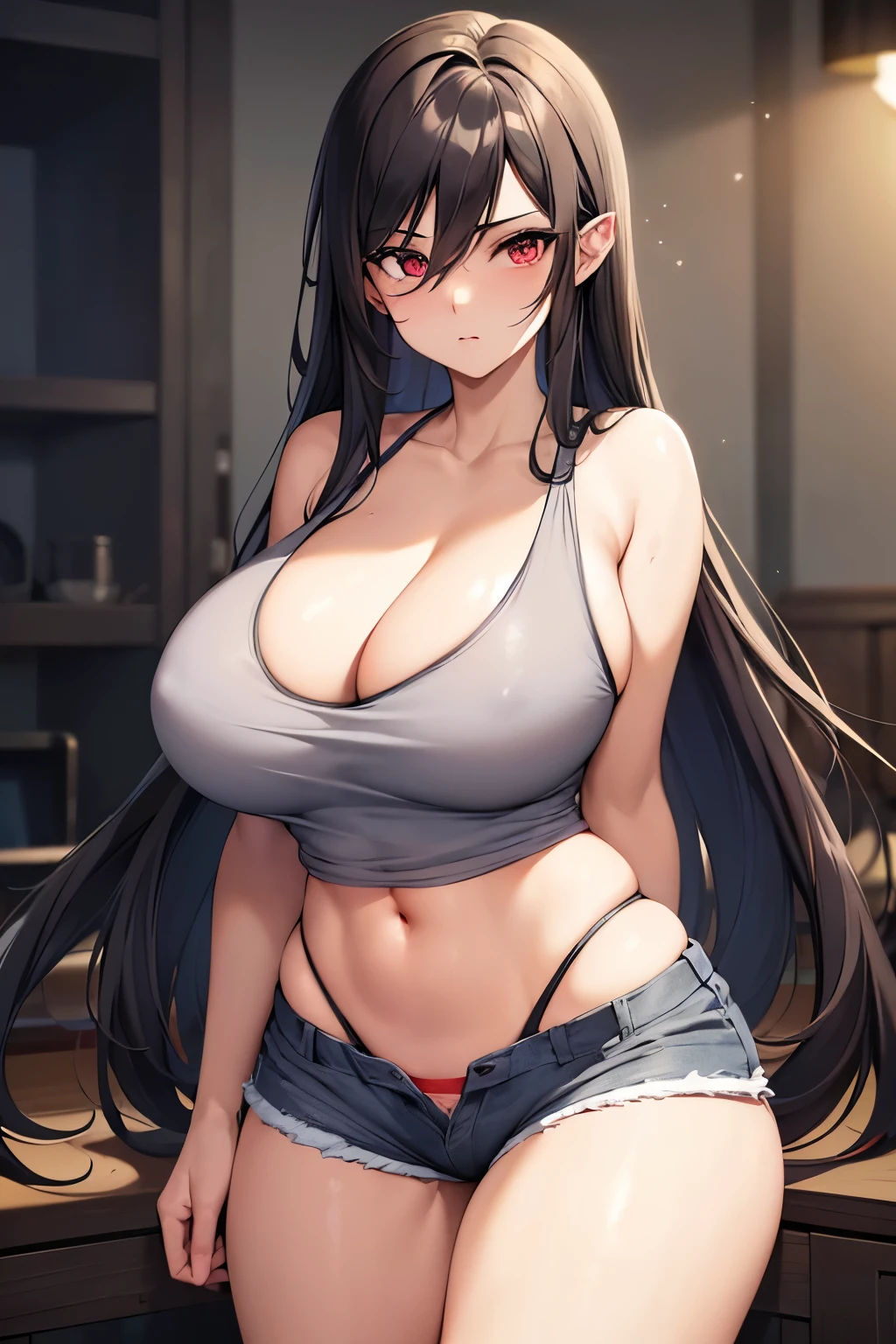(Masterpiece:1.1), (cutesexyrobutts art style:1.2), (marceline the vampire queen:1.1), (undercut hair:1.1), (long dark hair), (transparent grey tank top:1.2), (greyblue skin:1.1), (tight shorts), (huge breasts:1.2), (busty), (deep cleavage), (breasts bulge:1.3), (cameltoe:1.2).