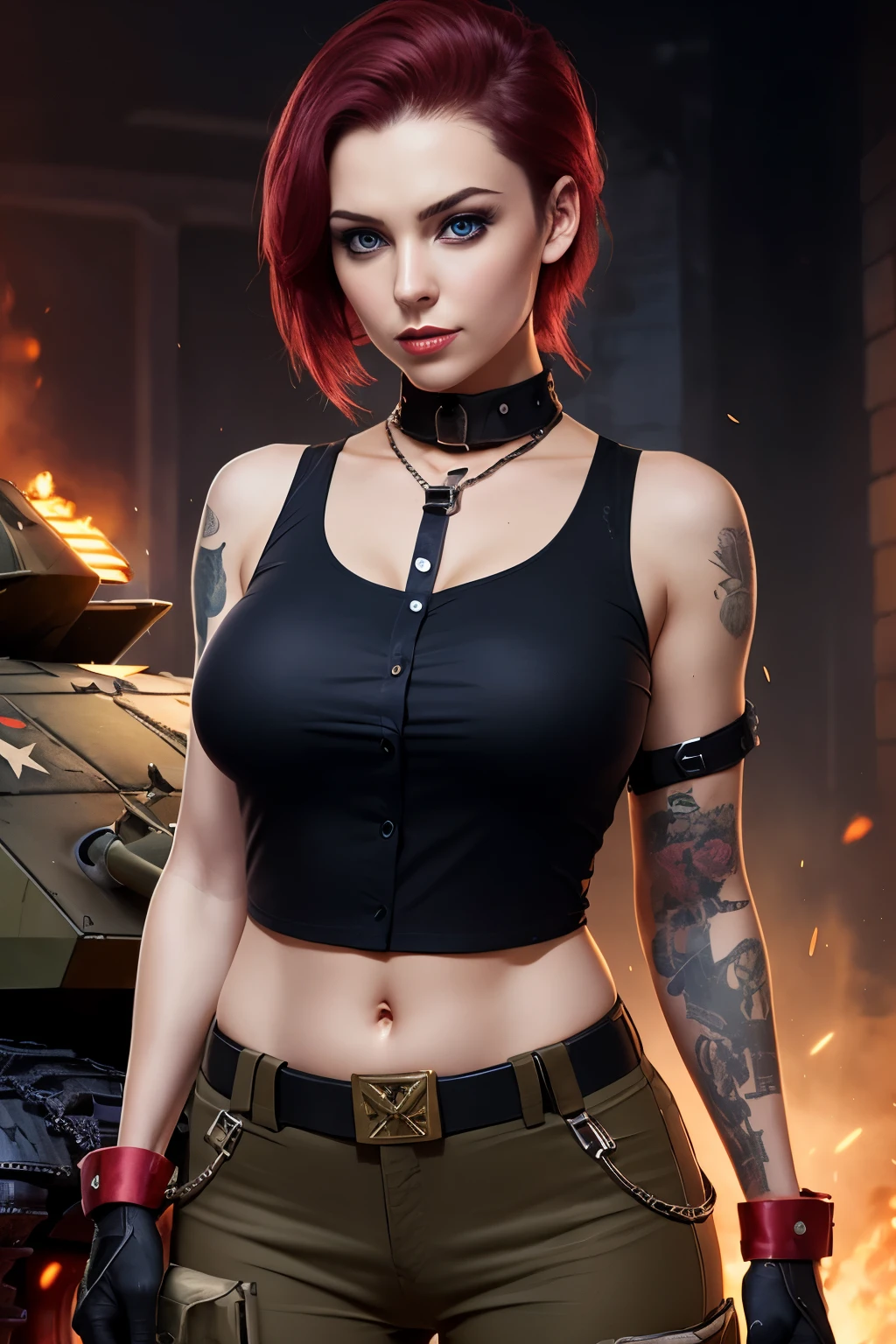 ((concept art)), (tank pilot), tough girl with cute small breasts, heavily augmented body, German Irish woman, (high resolution photography), ready for love, ((in battle tank down blouse)), dark red black punk hair, (tits out)