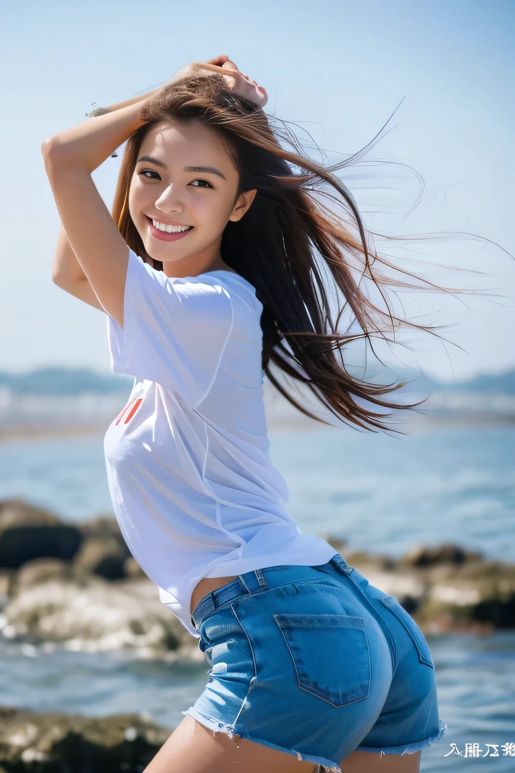 one woman,T-shirt,Wedgie,sexy pose,,wet body,thin,glowing skin,cute face,beautiful face,double eyelid,smile,medium hair,Ocean,evening,Mysterious,high quality,realistic,Japanese,Beautiful woman,gravure,stylish