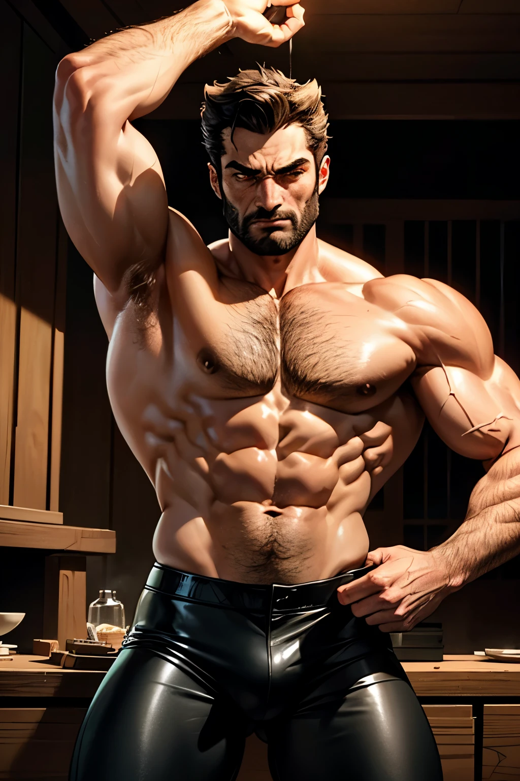 In the dimly lit room, the iconic figure of Wolverine stood, clad in his signature tight leather jacket. The supple material hugged every contour of his muscular frame, revealing the bulging biceps and chiseled abs that were a testament to his superhuman strength. With a low growl, he raised an arm and sniffed deep into his armpit, savoring the familiar scent of his own feral body. The air was thick with the earthy aroma of the forest, a reminder of his wild past. The room was filled with an electrifying energy, the air crackling with tension as if the very atmosphere was anticipating his next move. The image was
