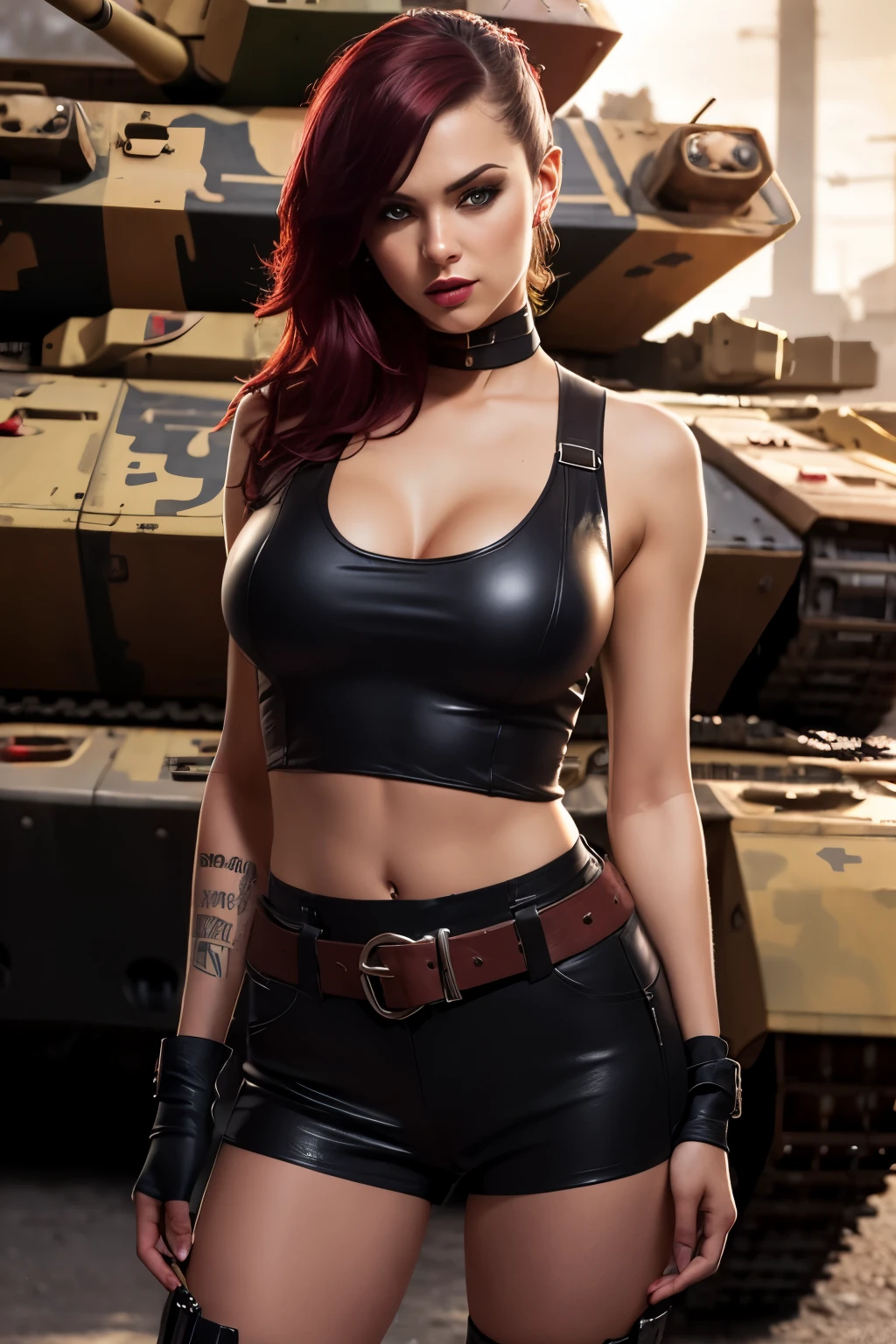 ((concept art)), (tank pilot), tough girl with cute small breasts, heavily augmented body, German Irish woman, (high resolution photography), ready for love, ((in battle tank down blouse)), dark red black punk hair, (tits out)