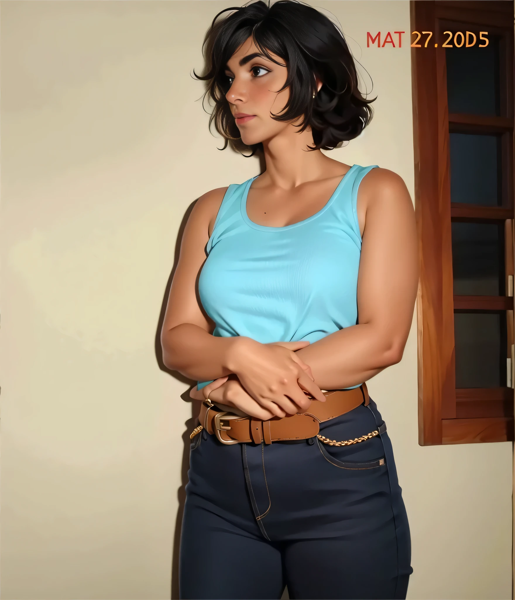 Mulher com pele branca bronzeada e cabelos escuros. ela tem cerca de 35 anos, mulher magra e bronzeada, parada em uma sala com um cinto na cintura, tirado do meio da cintura para cima, Hand on waist, foto na cintura dela, menor cintura de todos os tempos, wearing pants, verde, top apertado. high resolution, alta qualidade, obra de arte, 8k.