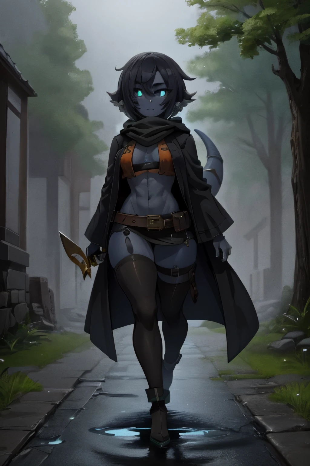 ((1girl, solo)), (orange skin), colored skin, masterpiece, best quality, glowing eyes, Smouldie, short hair, (tail:1.2), black robe, thighhighs outdoors, steampunk, fantasy, pavement, walking, puddle, reflection, muscular, abs, tall, blades, holstered blades